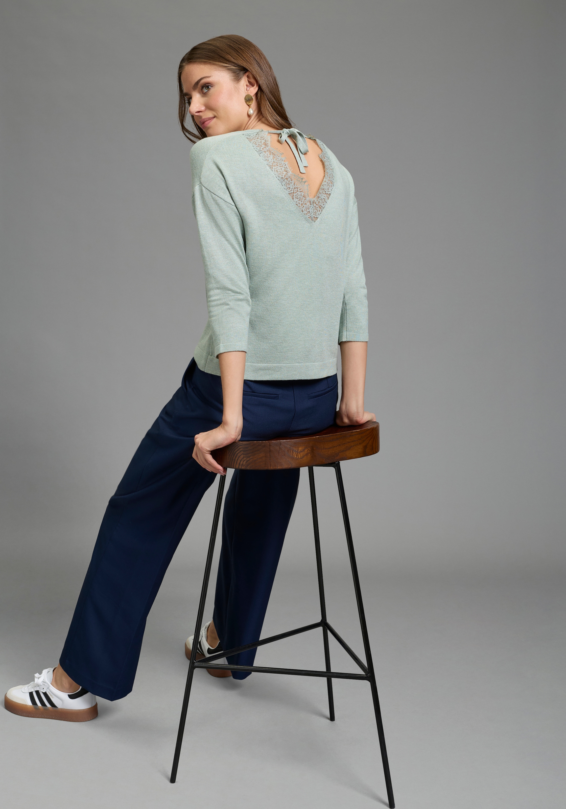 Laura Scott 3/4 Arm-Pullover aus Viskosemischung mit femininem Spitzeneinsatz und Schleifendetail