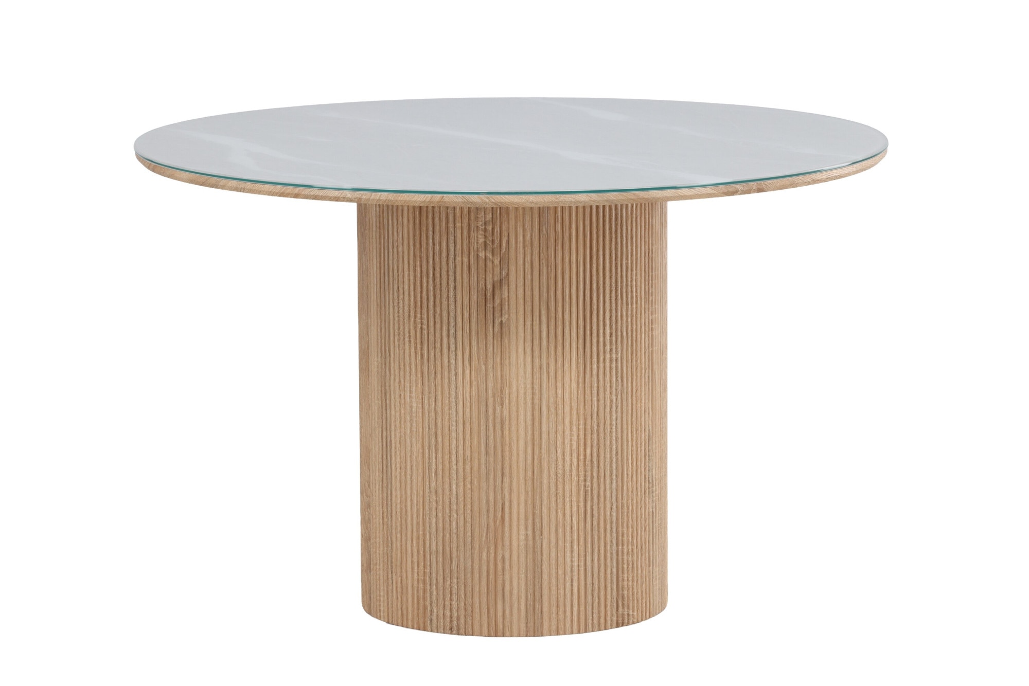 Venture Home Table de salle à manger »Härön, runder Esstisch Ø 120 cm mit Glasplatte und Holzfuss, FSC« Table à manger, plateau transparent, pied central en MDF, nervuré, clair
