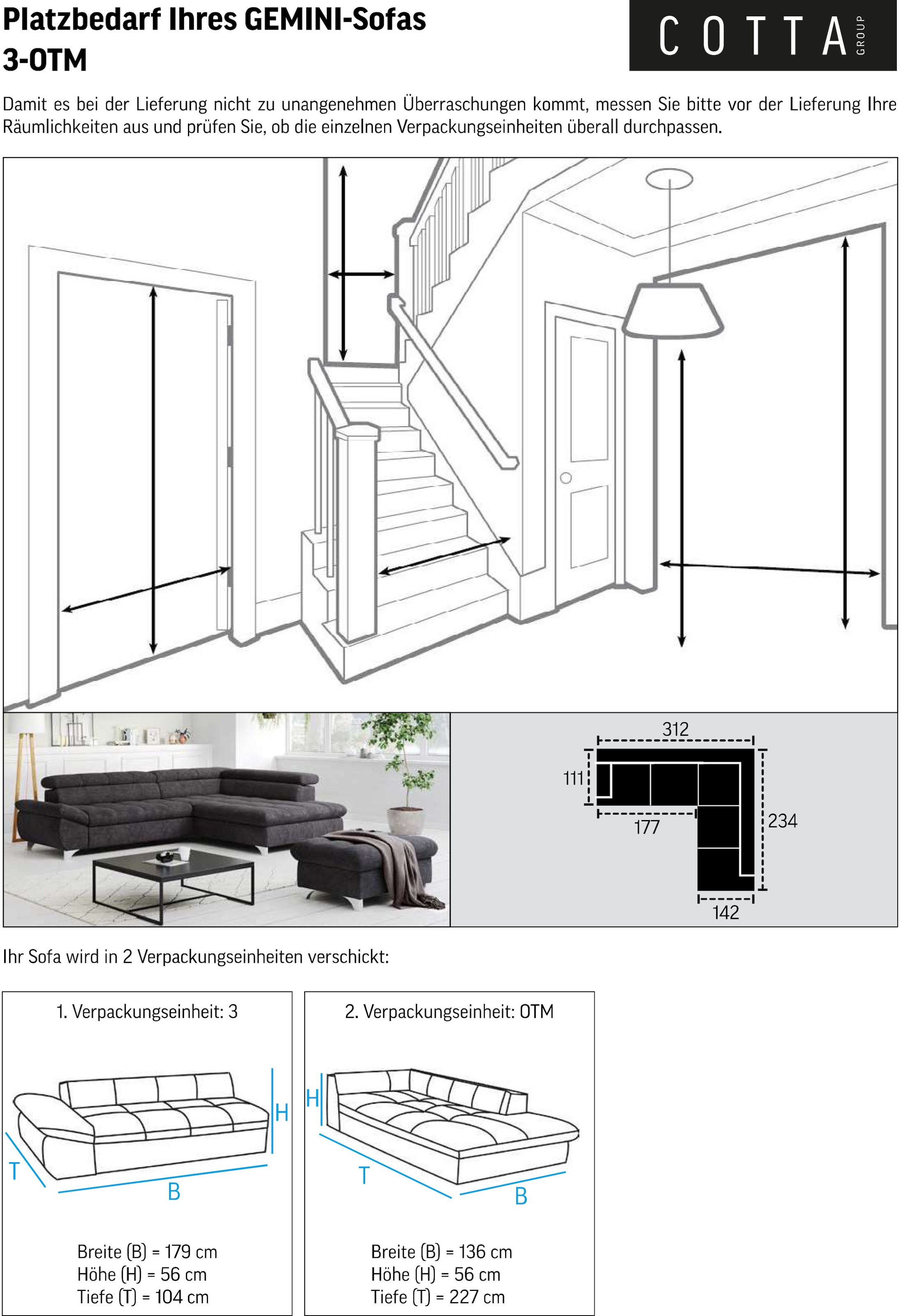COTTA Canapé d'angle »Gemini L-Form« mit Kopfteilverstellung, wahlweise mit Bettfunktion