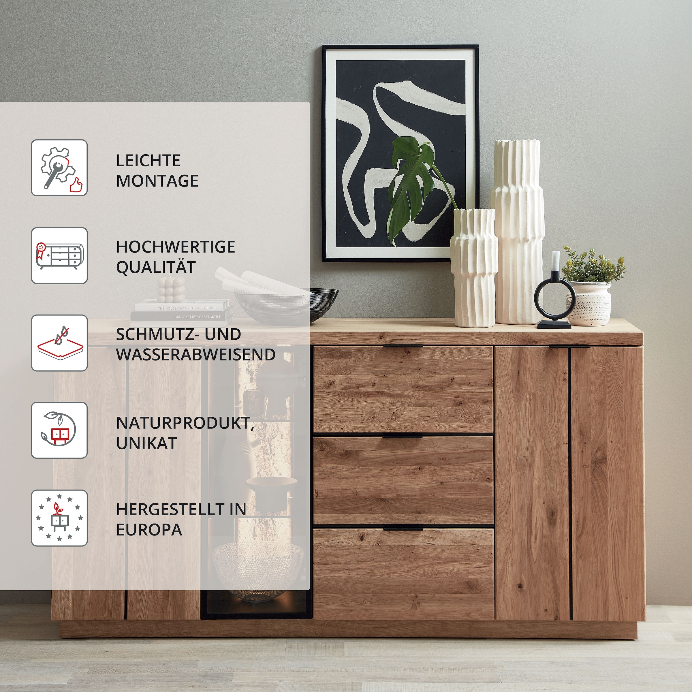 Wohnconcept Buffet »Donna Sideborad, 180x93x48 (BxHxT)« 1 cuis tlg. Beleuchtung optional bestellbar, 3 türig, 3 Schubkasten, Softclose