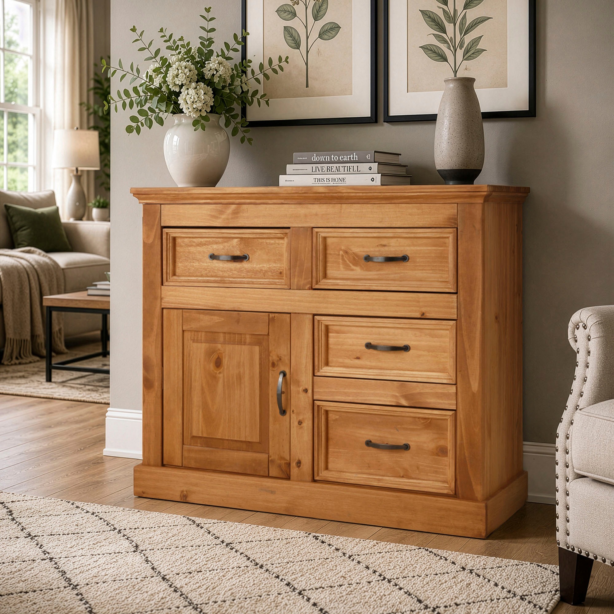 GOODproduct Buffet »Selma Kommode mit 1 Tür, 3 Schubläden und 2 Fächer, Metallgriffe« en bois de pin massif, grain naturel, largeur/hauteur 100/87 cm