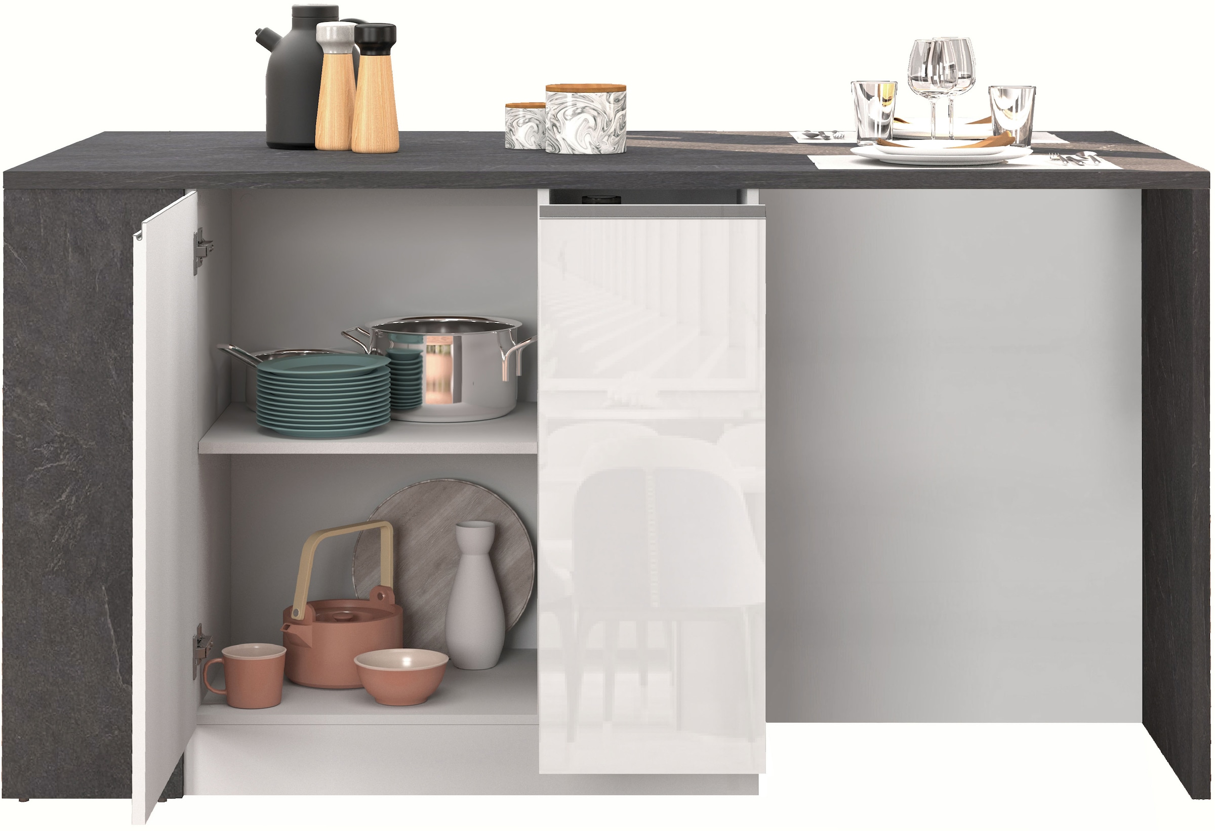 KOCHSTATION Ilot de cuisine »KS-Sole, Kochinsel, Küchenarbeitsblock, Arbeitsinsel, Made in Italy« Breite 167,5 cm, 2 Apothekerauszüge, 2 Essplätze, 1 offenes Regal