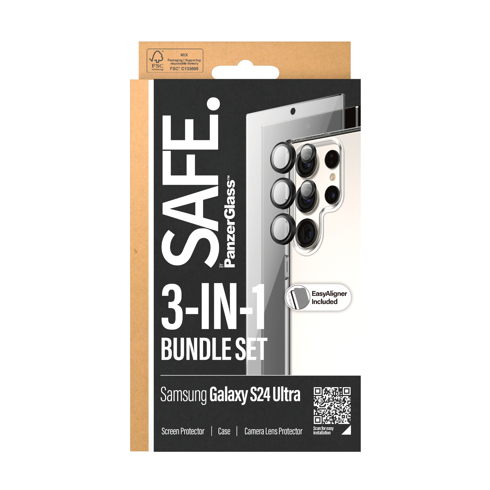 SAFE by PanzerGlass Verre de protection d'écran »3-in-1 Bundle Set Screen Protector, Case und Camera Lens Protector« für Samsung Galaxy S24 Ultra Displayschutzfolie, Backcover, Lens Cover, Rundumschutz