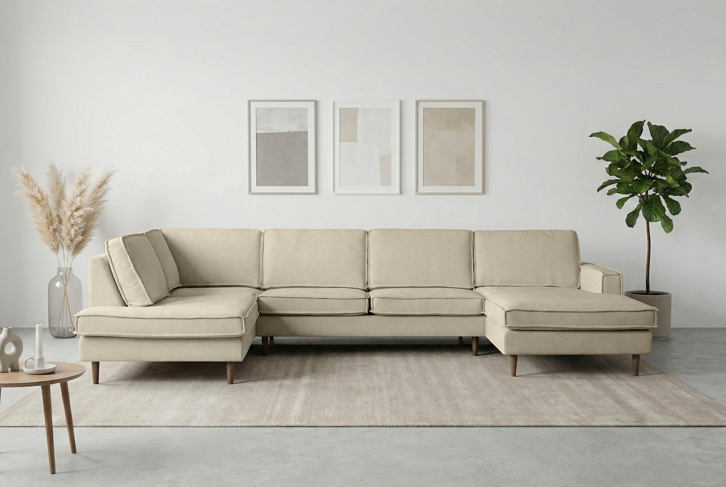 GOODproduct Wohnlandschaft »Pinto Skandi, 350 cm, U-Form, XXL, mit Ottomanen« mit Keder, Massivholzfüsse Eiche geräuchert, Wellenunterfederung