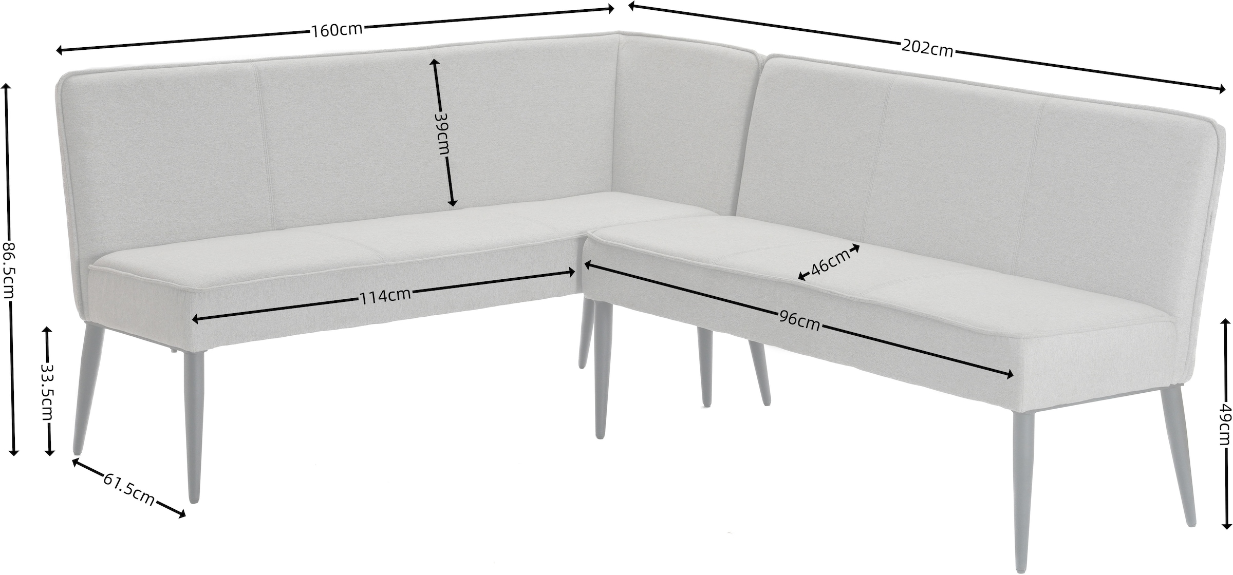 GOODproduct Banc d'angle »Lenzrose,« Esszimmerbank, Bank,,  mit Taschenfederkern, schwarzes Metallgestell, Breite 202 cm
