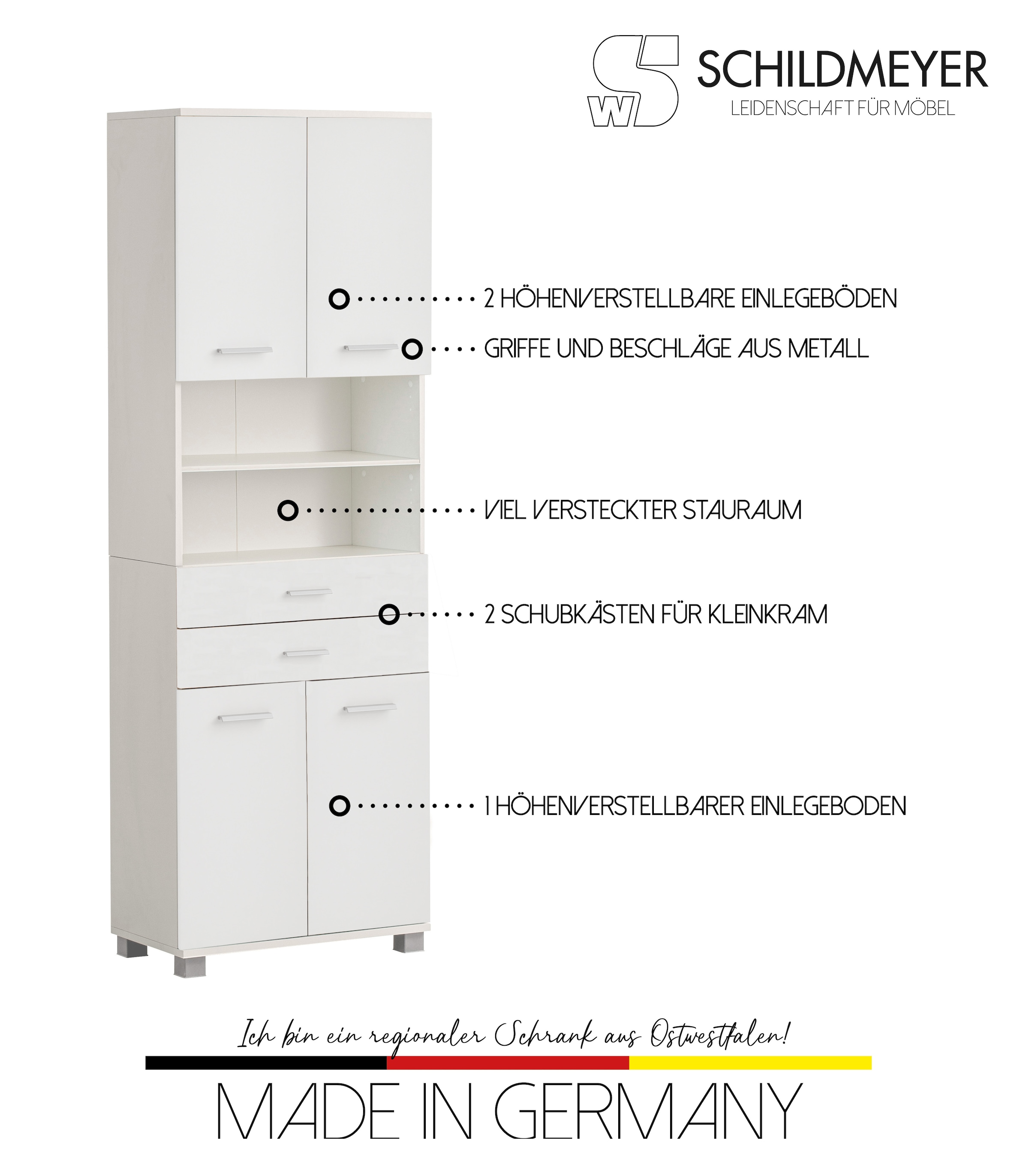 welltime Hochschrank »Palermo, Made in Germany« Breite 60 cm, verstellbare Einlegeböden, Metallgriffe