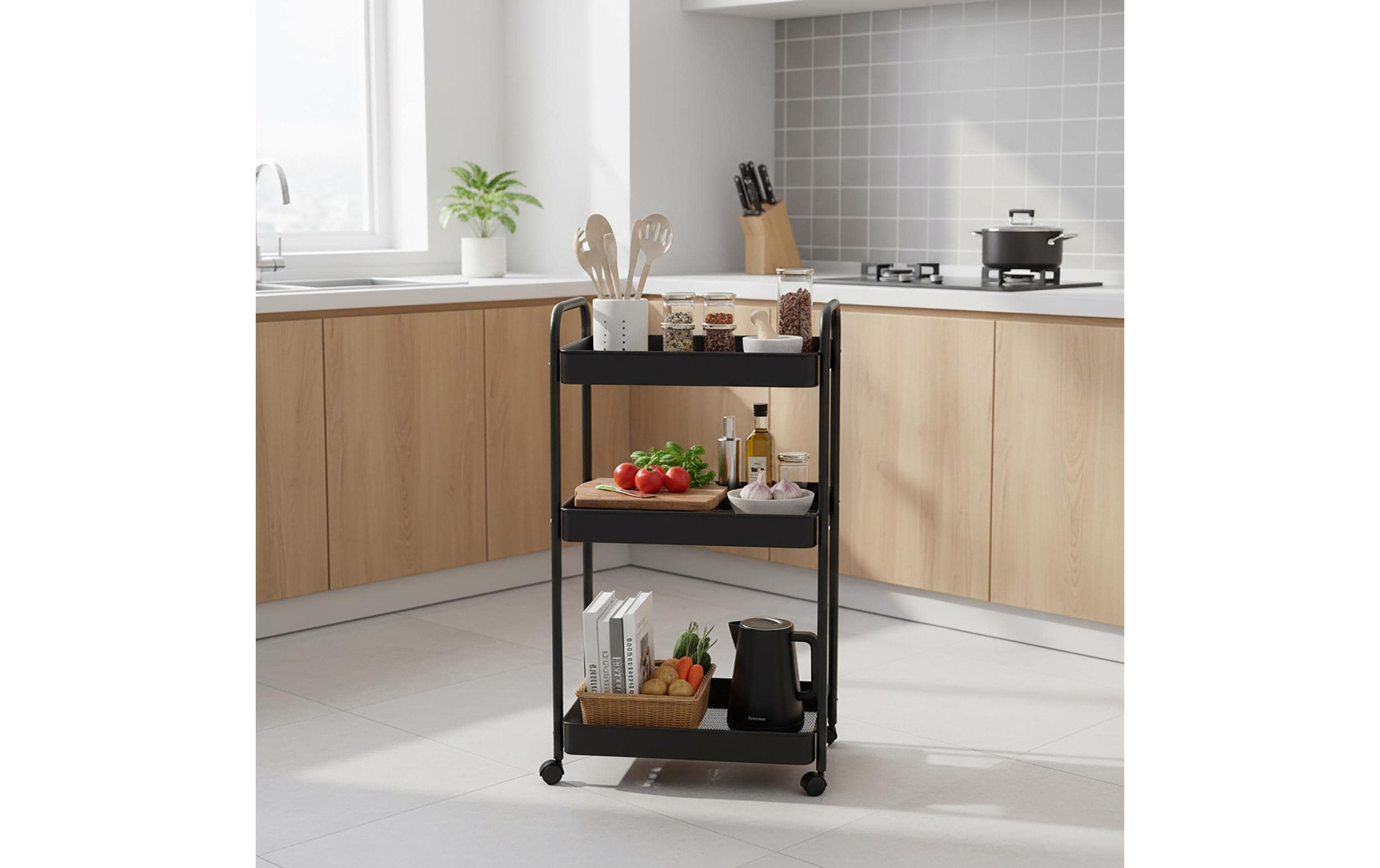 relaxdays Rollwagen »Mesh mit 3 Ebenen 78 x 43 x 30 cm« Mobiler Servierwagen mit 3 Mesh-Körben und 360°-Rollen
