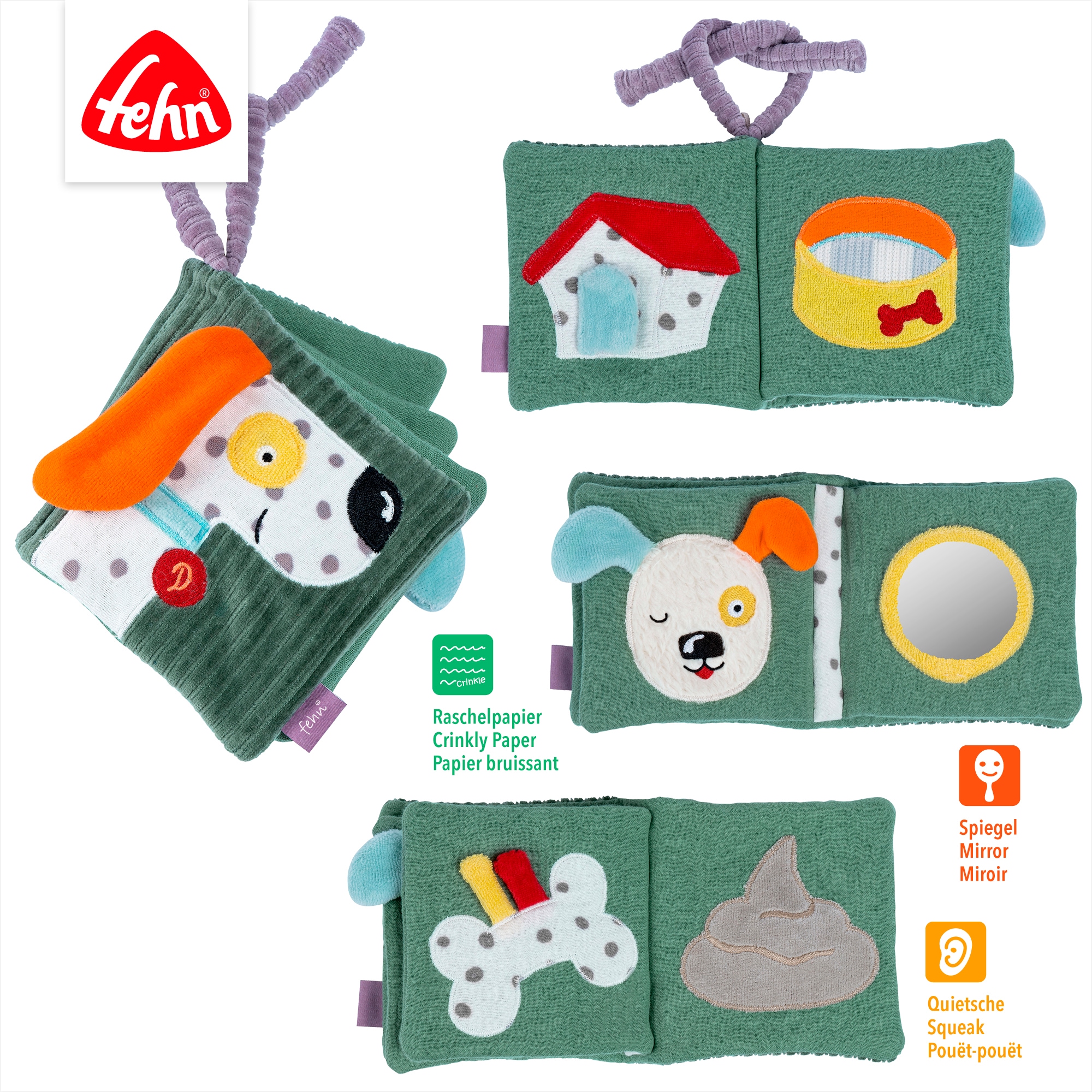 Fehn Jouet de préhension »Stoffbuch Hund Dotty« contient du coton bio