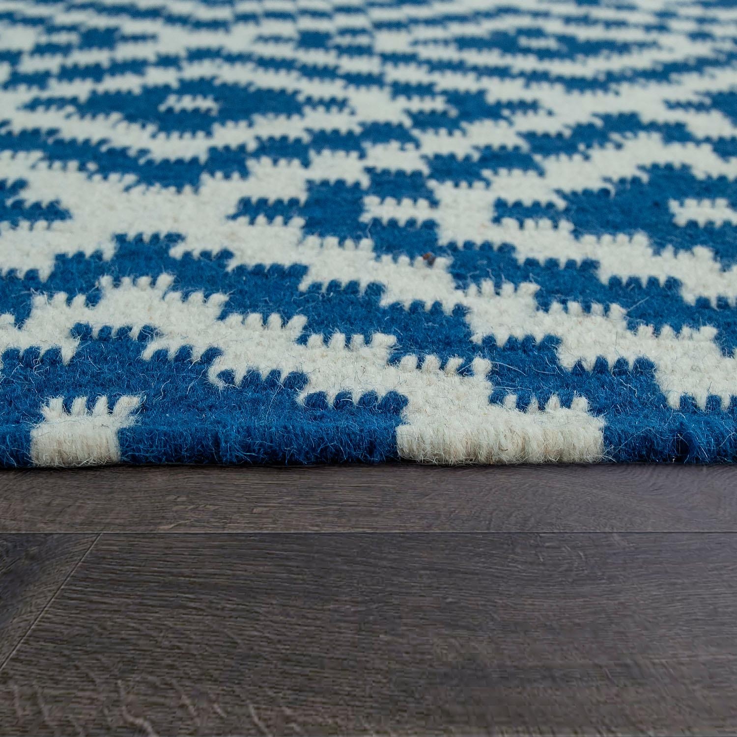 Paco Home Tapis en laine »Kenitra 500« Rectangulaire 12 mm Höhe Flachgewebe, reine Wolle, handgewebt, Rauten Design, mit Fransen