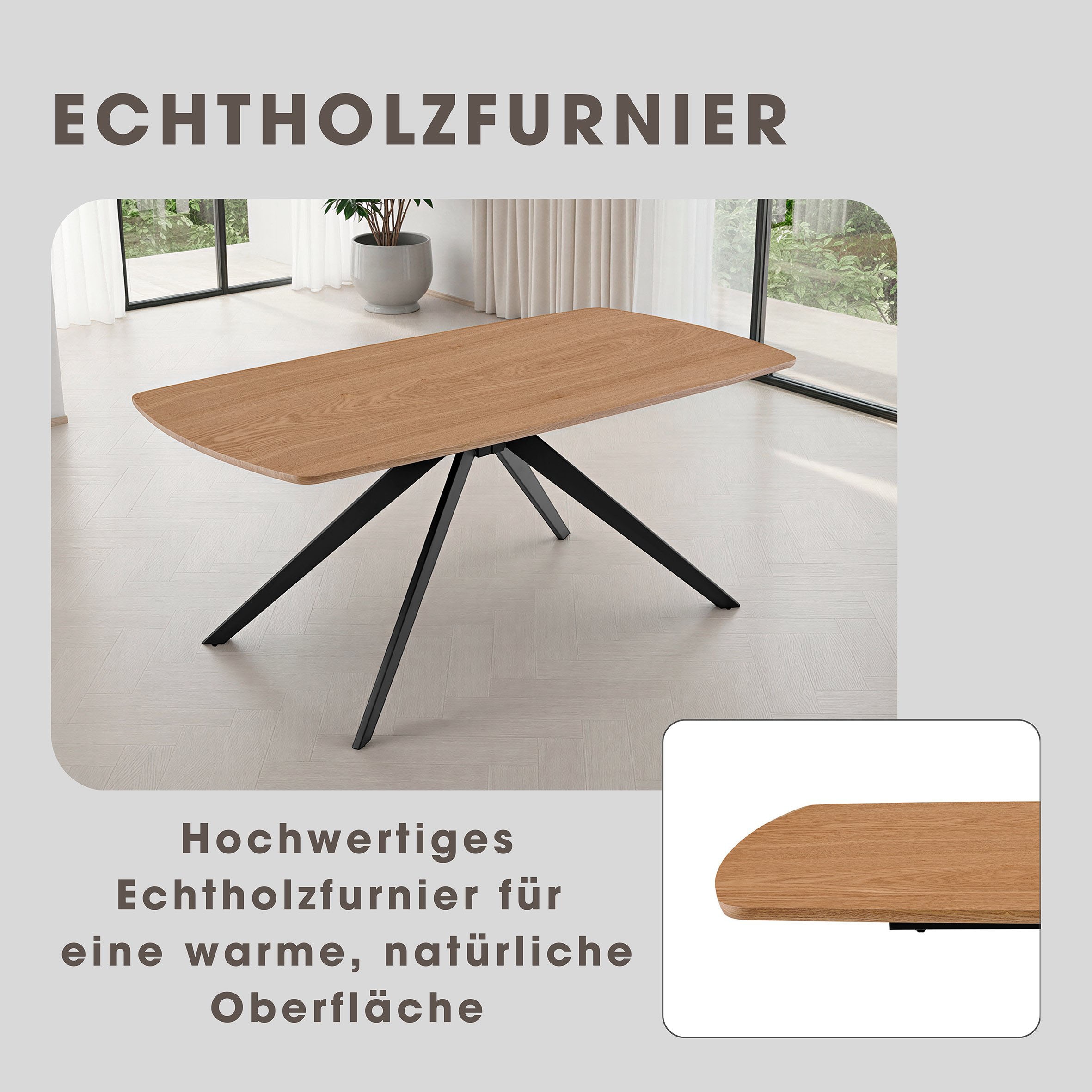 byLIVING Esstisch »JASON« Tischplatte Eiche natur, bis 100 kg, Spinnenfussgestell, 6 Sitzplätze
