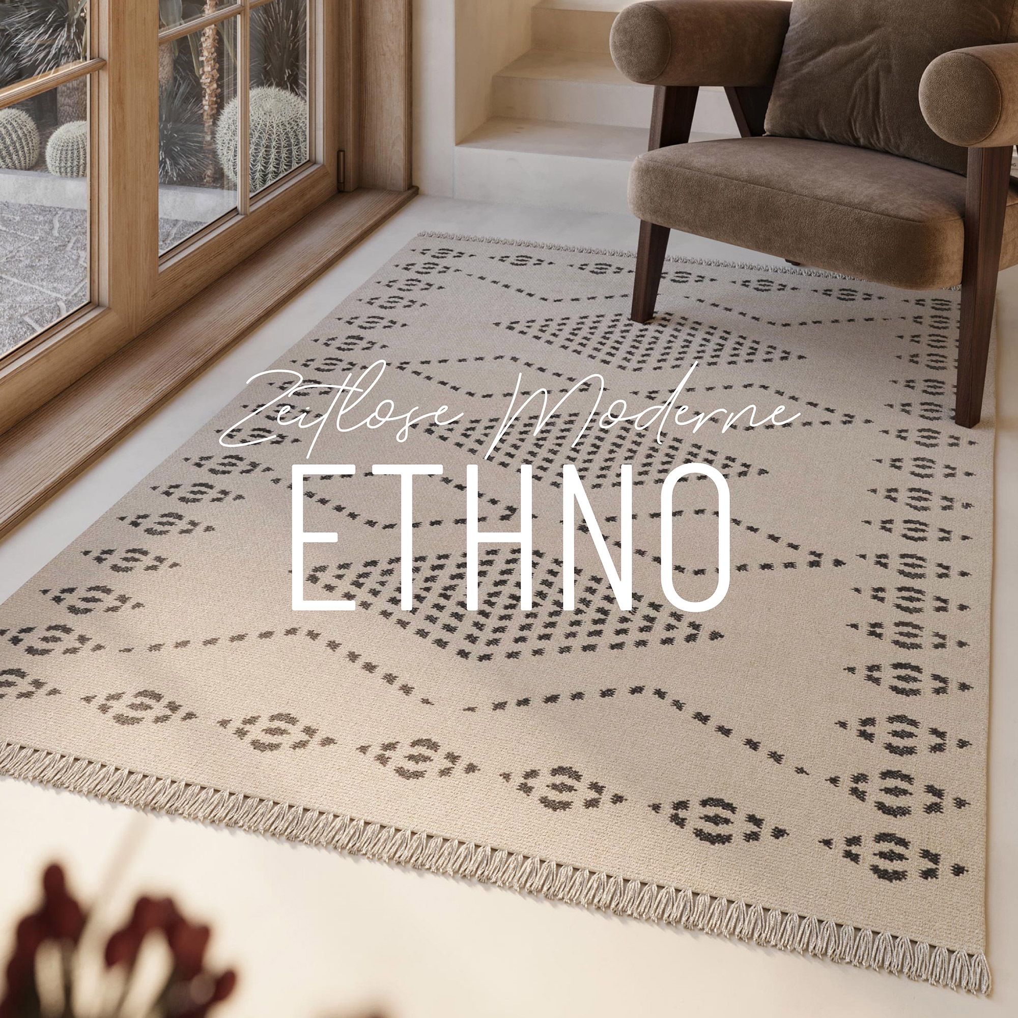 Green Looop Tapis en laine »Belmont« Rectangulaire 5 mm Höhe Fransen, Kelim, handgewebt, Natur, Wohnzimmer, Schlafzimmer, Raute