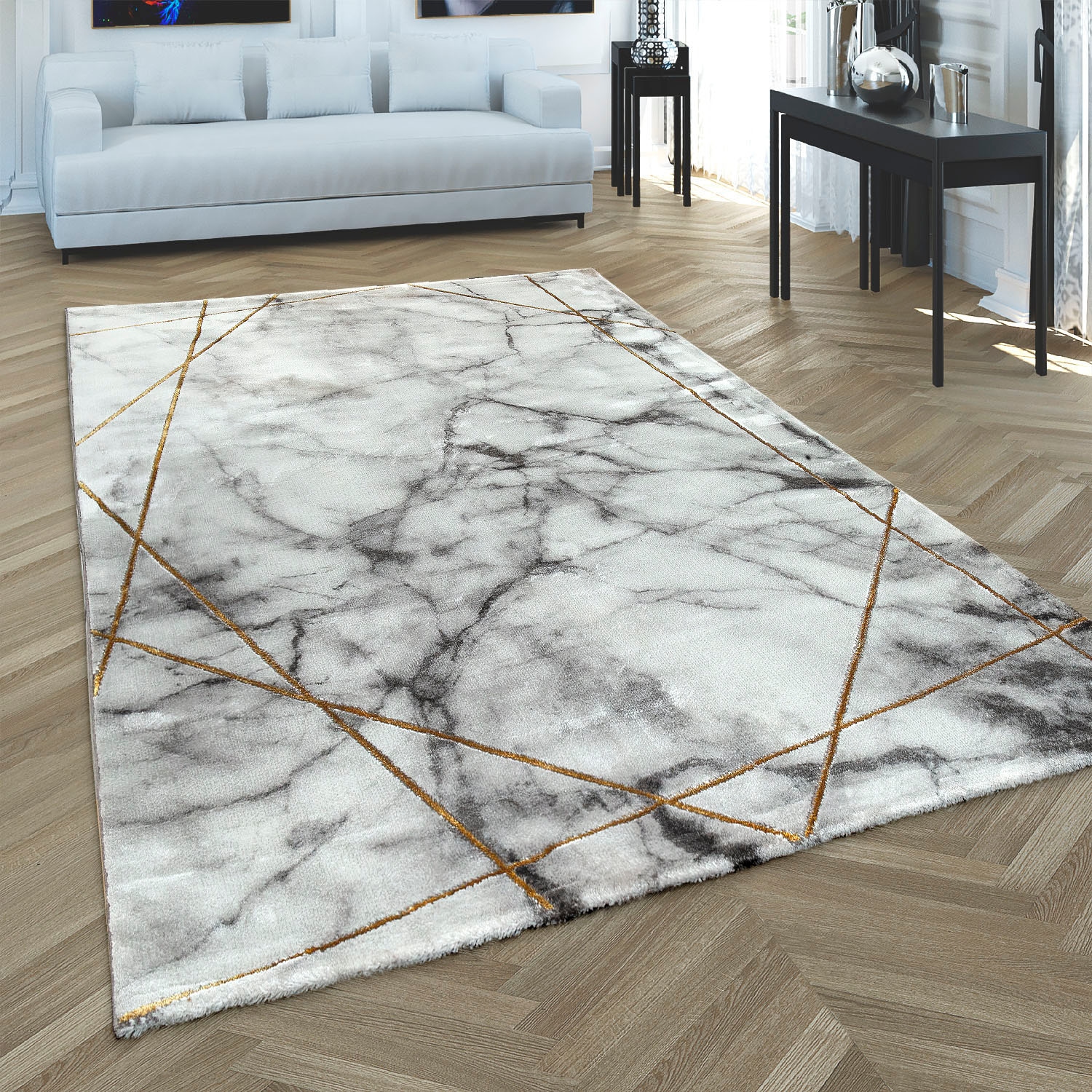 Paco Home Tapis »Kraft 523« Rectangulaire 16 mm Höhe à poils courts, design marbre élégant, avec accents dorés ou argentés