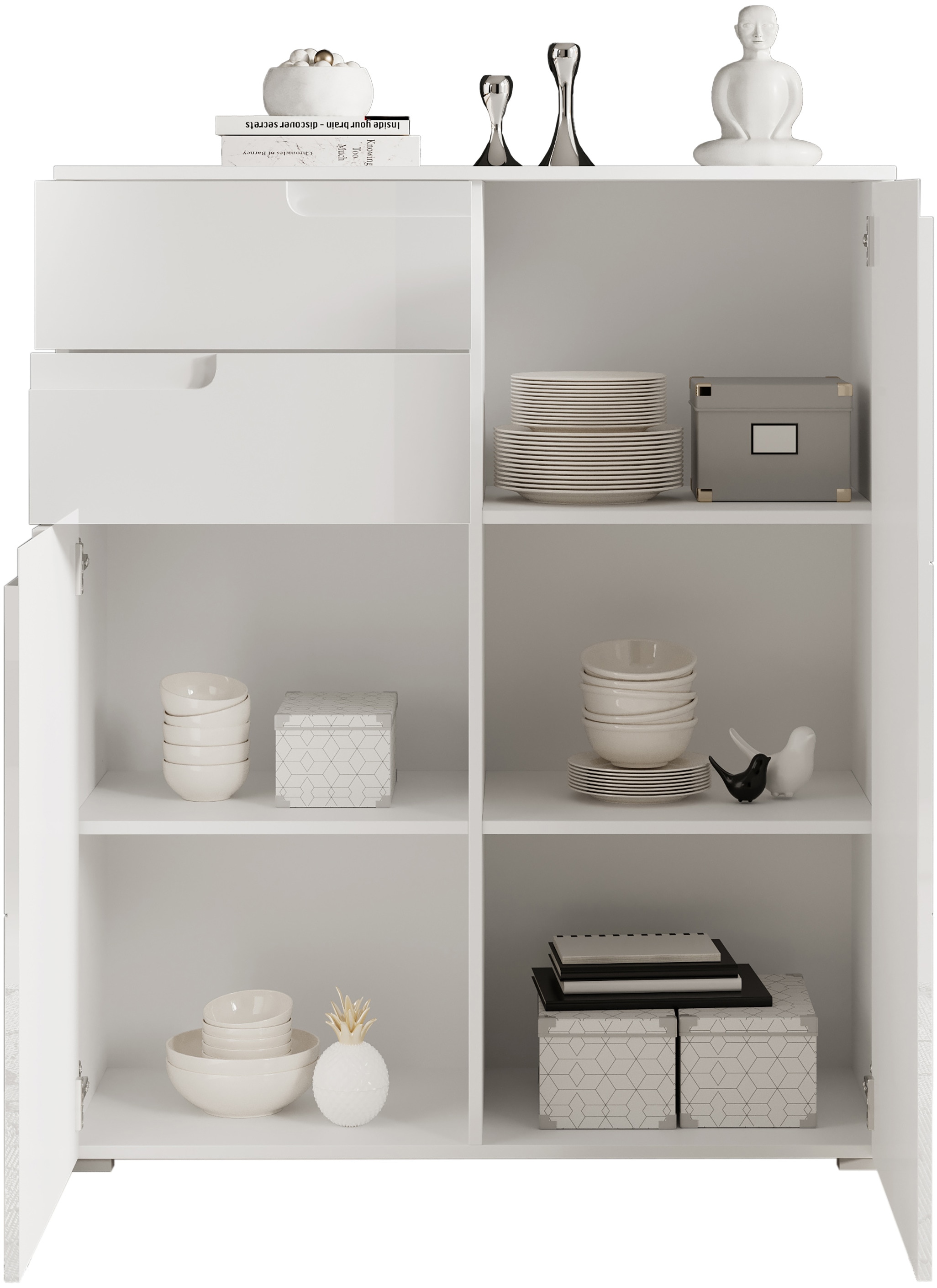 HBZ Kommode »Spice weiss hochglanz, BxHxT 100x119x40 cm« Kommode mit 2 Türen, 2 Schubkästen und 3 Einlegeböden