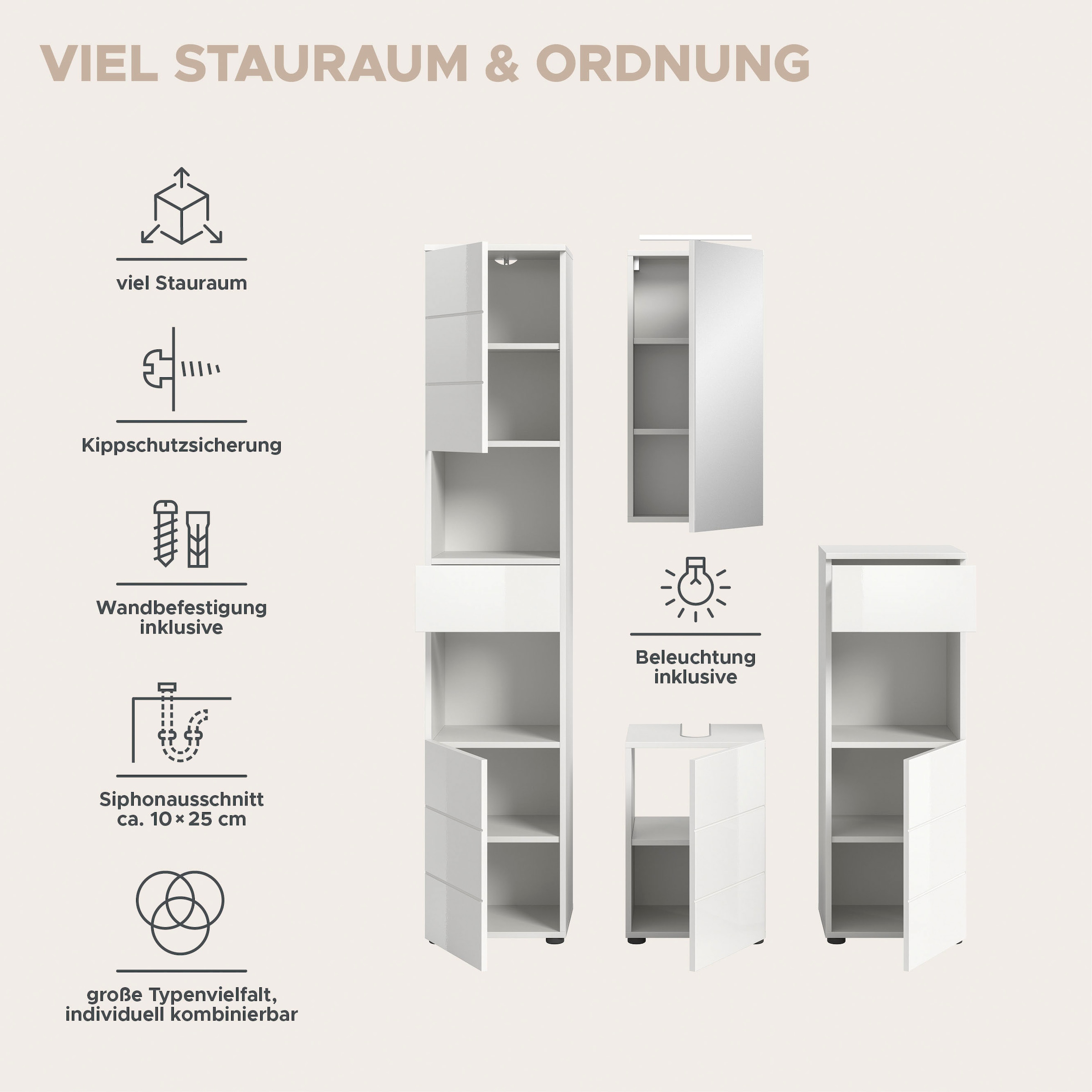 welltime Ensemble de meubles de salle de bain »Biel, Höhe 190 cm,Hochschrank,WBU, Spiegelschrank, Unterschrank, Lampe« 5 cuis tlg.
