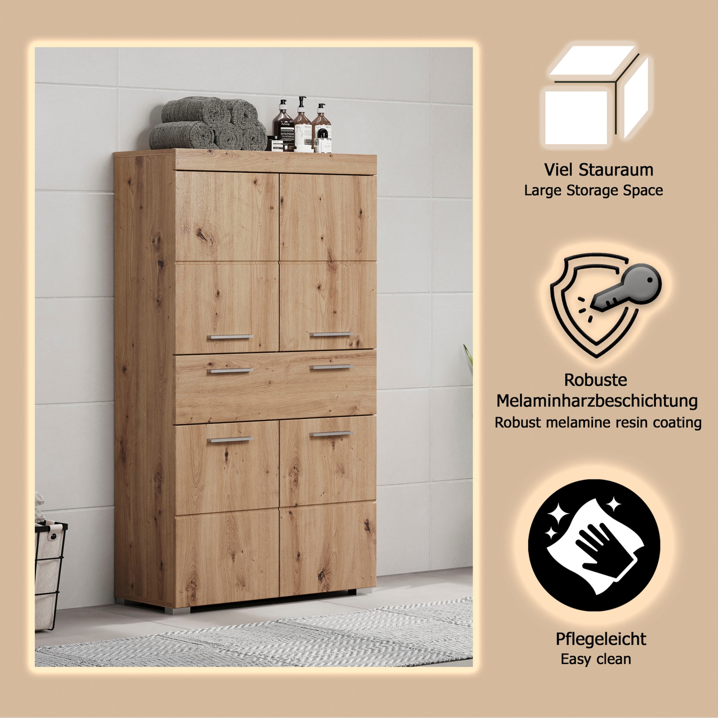 welltime Armoire intermédiaire »Avena« armoire debout avec 4 portes, 1 tiroir - (L/P/H) 73/31/130 cm