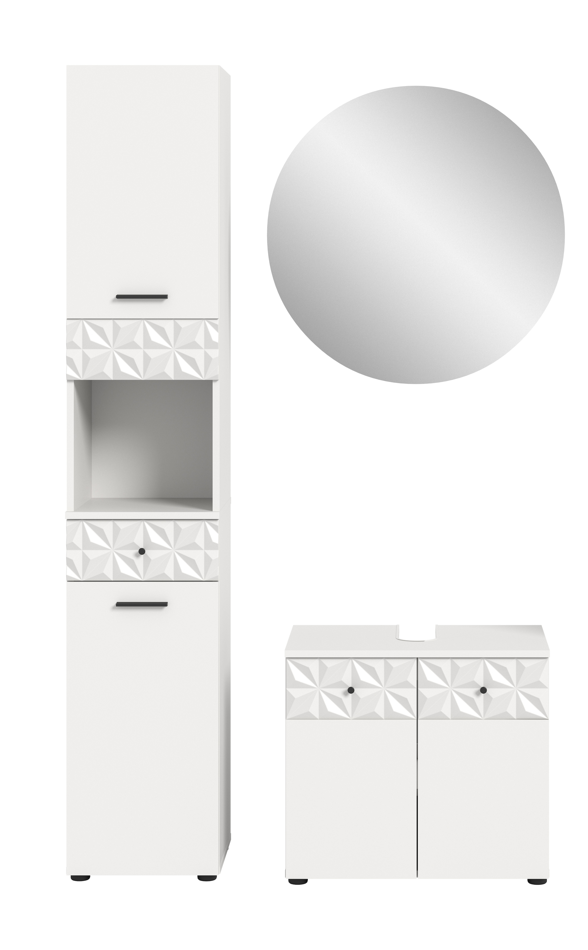 INOSIGN Badezimmer-Set »VICENZA, TOPSELLER!, Breite 110cm, 3-teilig, mit Ornamentabsetzung« best. aus: Hochschrank, Waschbeckenunterschrank und Spiegelschrank, 