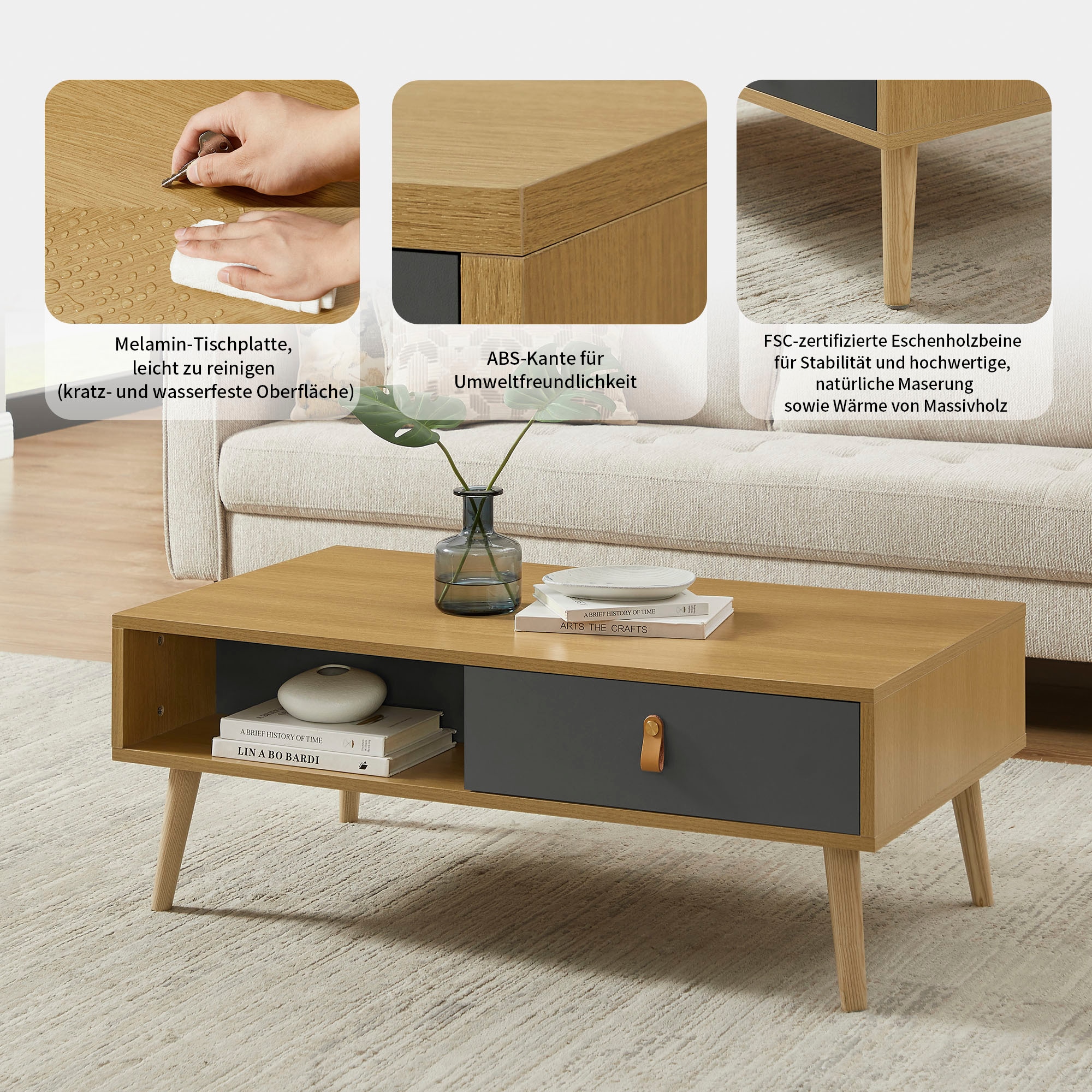 Leonique Couchtisch »Avril« Eichen-Melamin, FSC-zertifiziertem Eschenholz, Breite 110 cm