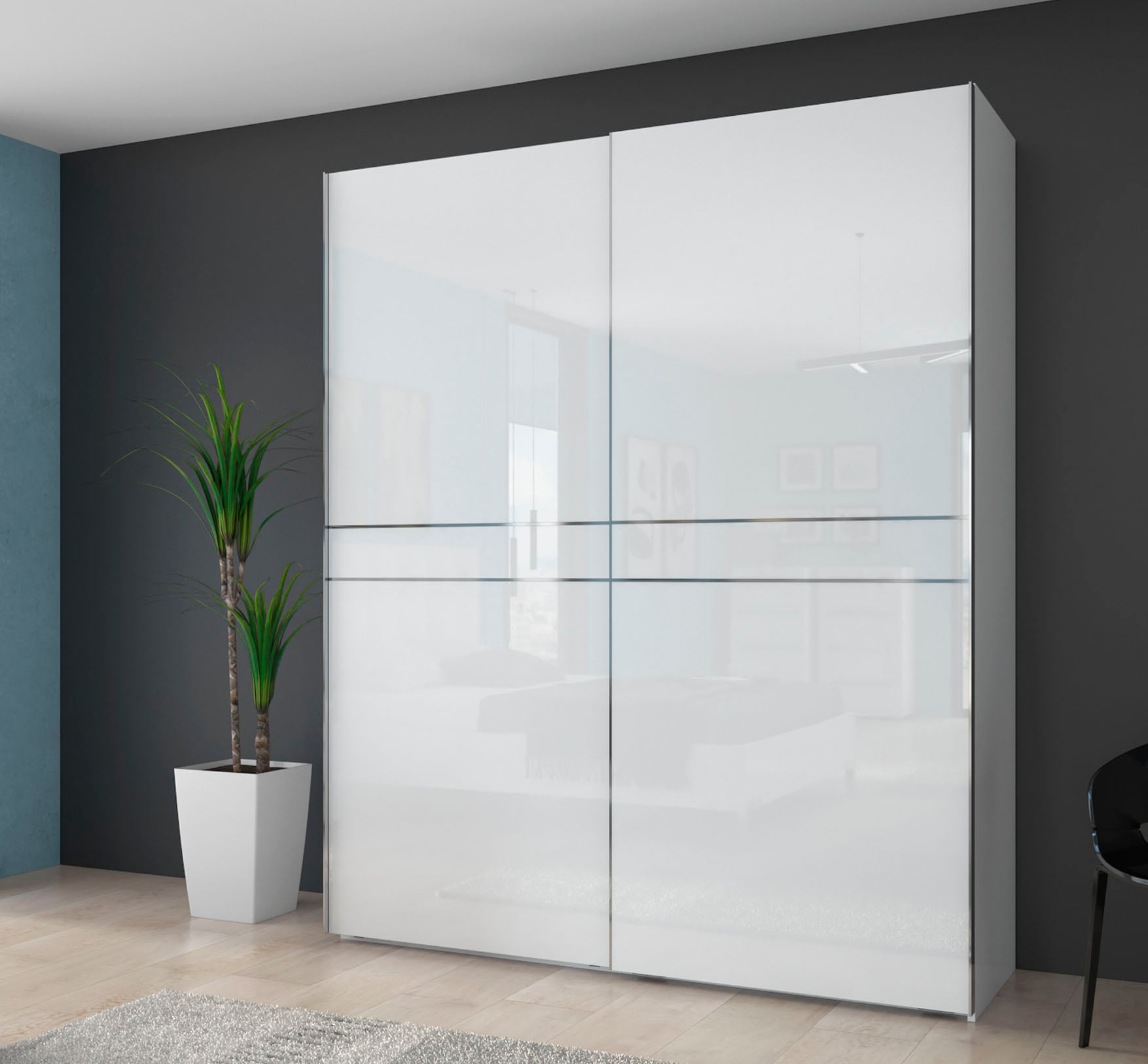 GOODproduct Schwebetürenschrank »Piano, FSC-zertifiziert, mit Einlegeböden und Kleiderstangen« in 3 Breiten, 224cm hoch, mit verchromten Aufleistungen,  UV lackiert, hochglänzend, mit Soft-Close Funktion, in beige oder weiss