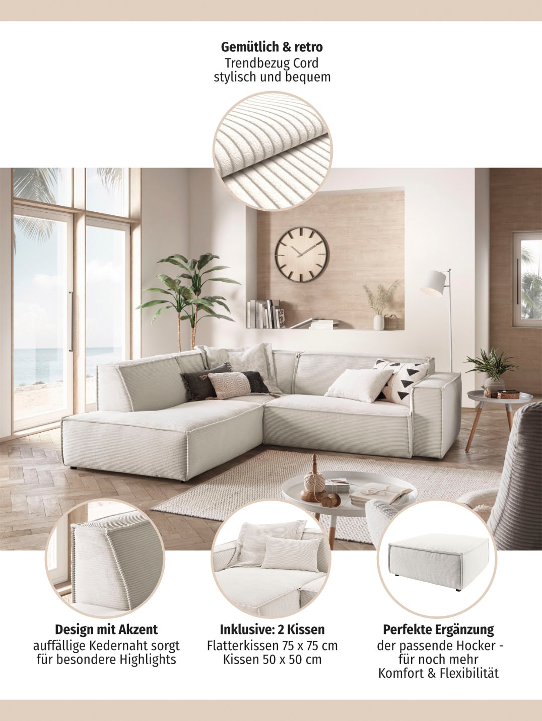 3C Candy Ecksofa »Matteo in elegant, kubischer Formensprache, bequem, L-Form« mit auffälliger Kedernaht, Cord-Bezug, Lounge-Charakter, OTTOs Choice