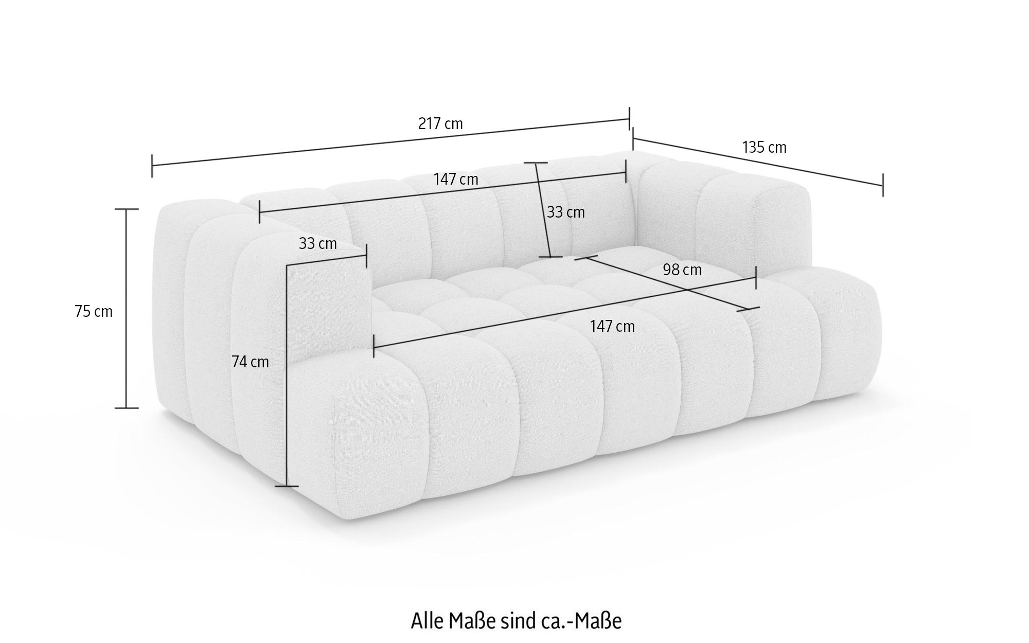 homsy by Ana Johnson 3-Sitzer »»XL« BOUBELLE Design-Sofa extra tief, Bubble-Optik, Breite 217 cm« hoher Sitzkomfort dank Wellenunterfederung,  XL Sitztiefe 100 cm