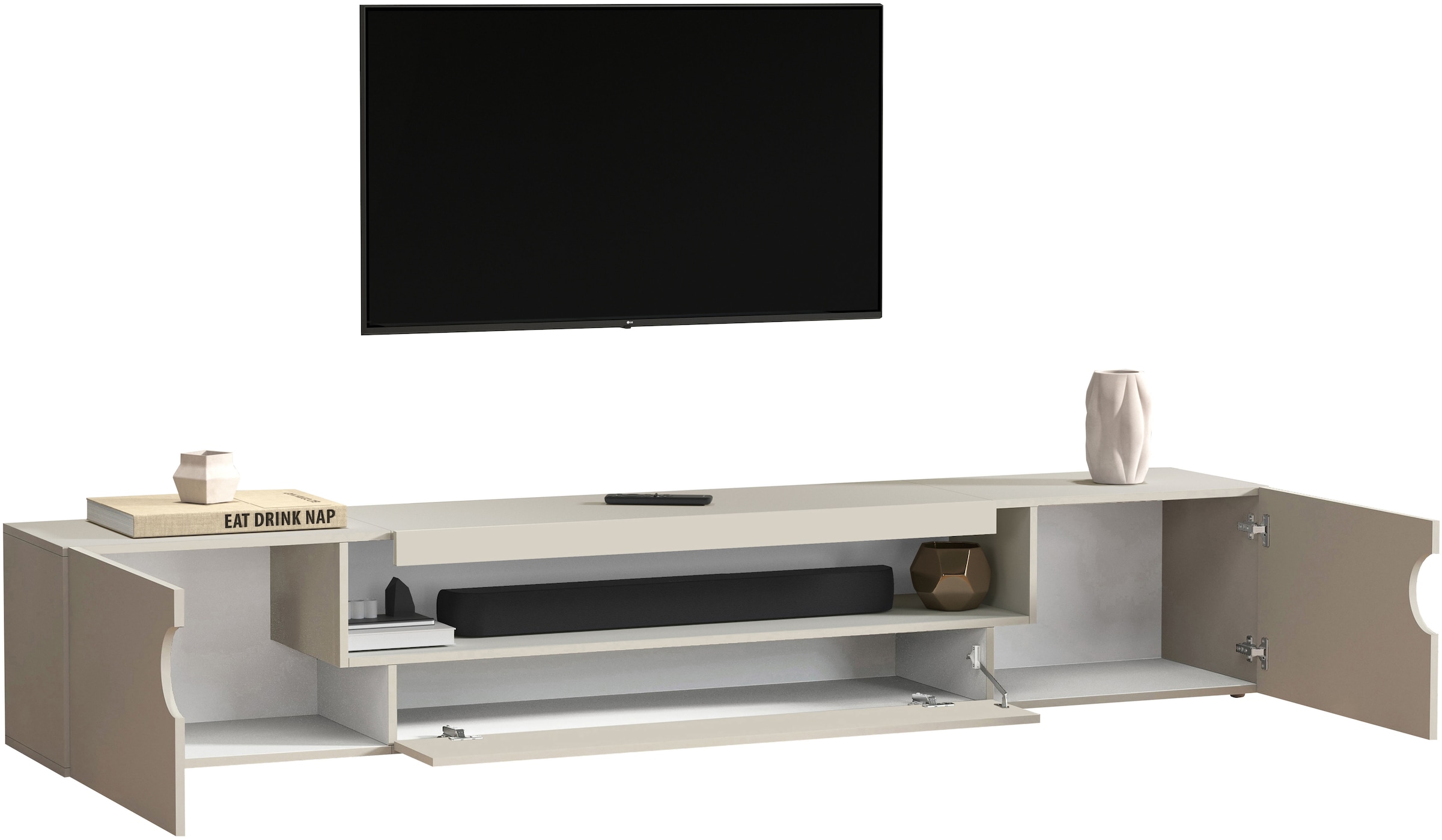 Home affaire Table basse »REAL TV-Möbel, 240 cm breit, 40/60 cm hoch, Hochglanz oder matt« mit 2 abgerundeten Türen, 1 Klappe, die ein ovales offenes Fach bilden