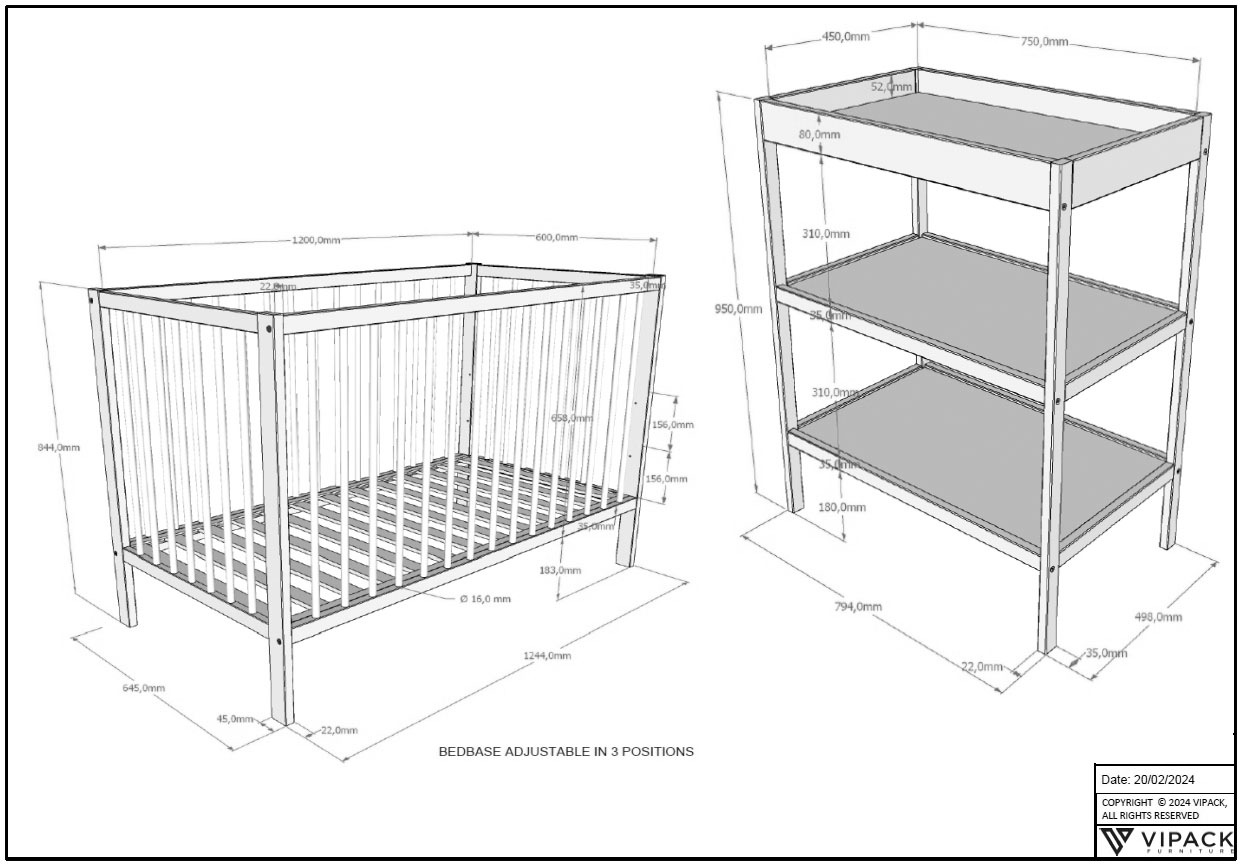 Vipack Ensemble de meubles pour bébé »Dino ist das ideale Start Set für Ihr Kind aus massiver Buche« 2 cuis tlg. Lit bébé et étagère à langer inclus, disponible au choix en 3 couleurs