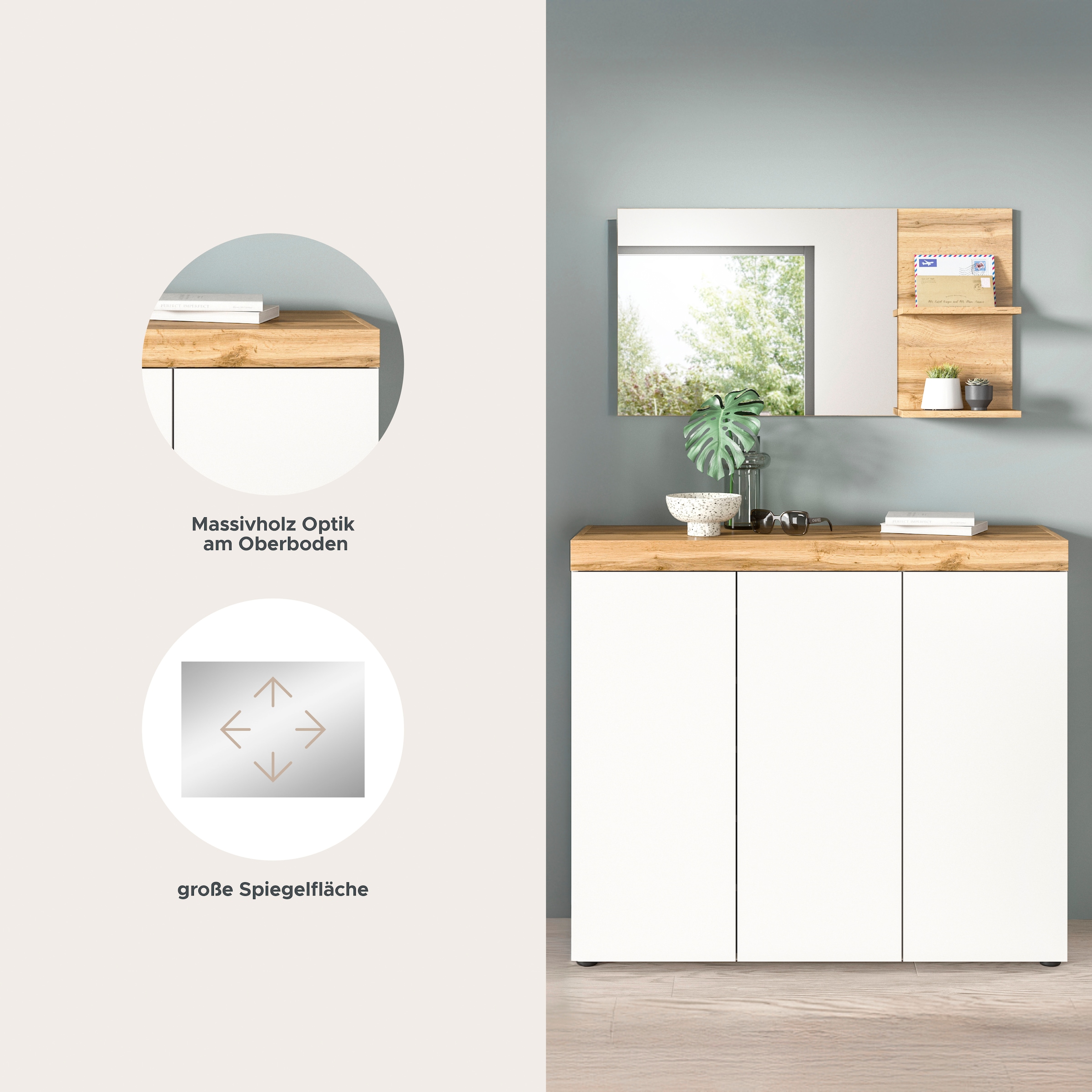GOODproduct Garderoben-Set »MAMBO, 2-teilige Kombination, stehend & hängend montierbar« bestehend aus: Kommode, Spiegel, 2 Stk. tlg.