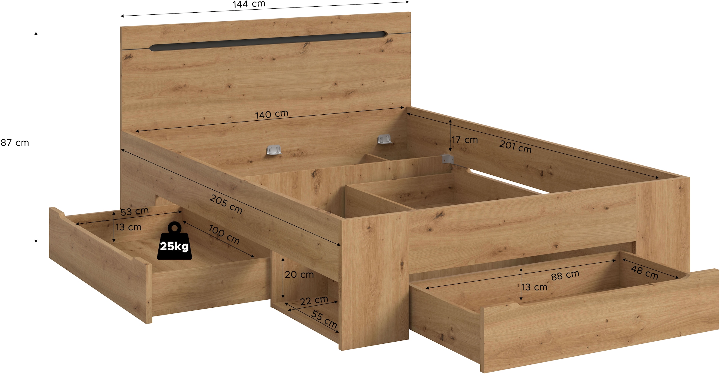 Home affaire Lit de rangement »REHAT, in 144 oder 184 cm Breite, 3 Schubkästen, 2 offene Fächer« TOPSELLER!, für Matratzen 140x200 cm, viel Stauraum, ohne Lattenrost, 1 cuis tlg. Bett, Kastenbett, Bettgestell, Schlafzimmer, Schlafen