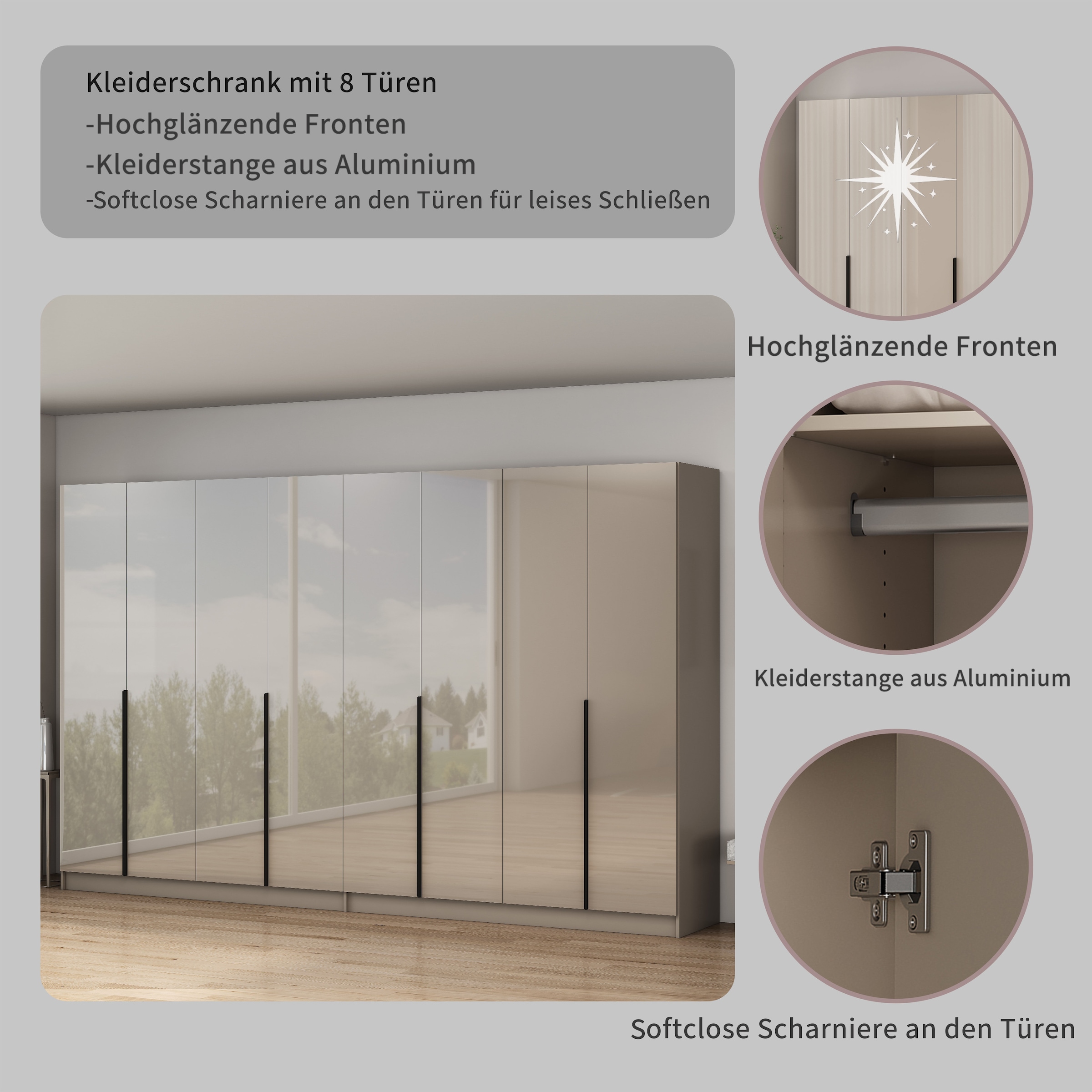 GOODproduct Kleiderschrank »Annor Schlafzimmerschrank Breite 323 cm hochglanz Schrank Garderobe« Drehtürenschrank mit perfekter Innenausstattung - elegante Türgriffe