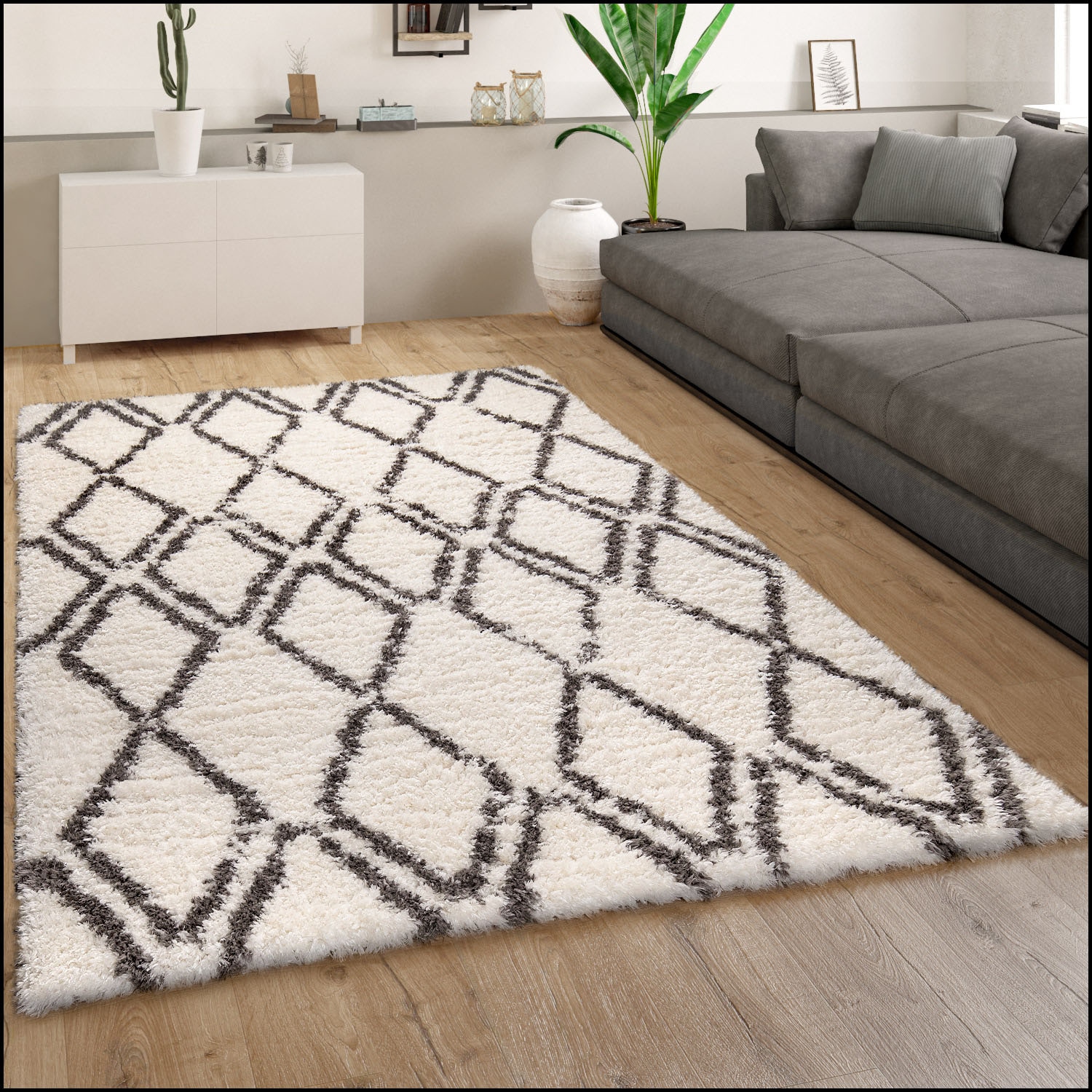 Paco Home Tapis à poils longs »Maghreb  77« Rectangulaire 44 mm Höhe modernes Rauten Design, weich und flauschig