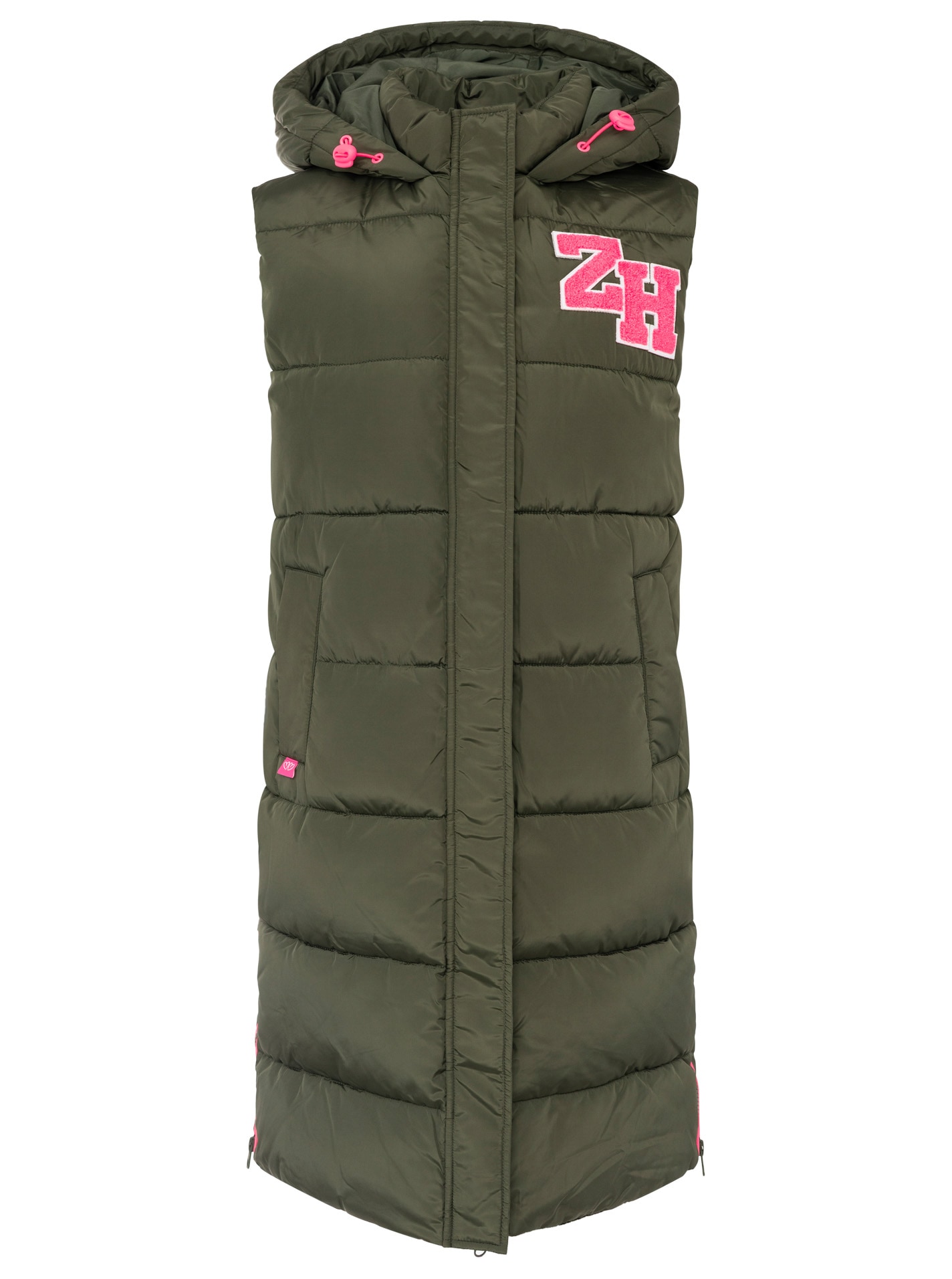 Zwillingsherz Gilet long »„ZH Patch“« avec capuche, fermeture éclair devant et sur les côtés, poches, écussons