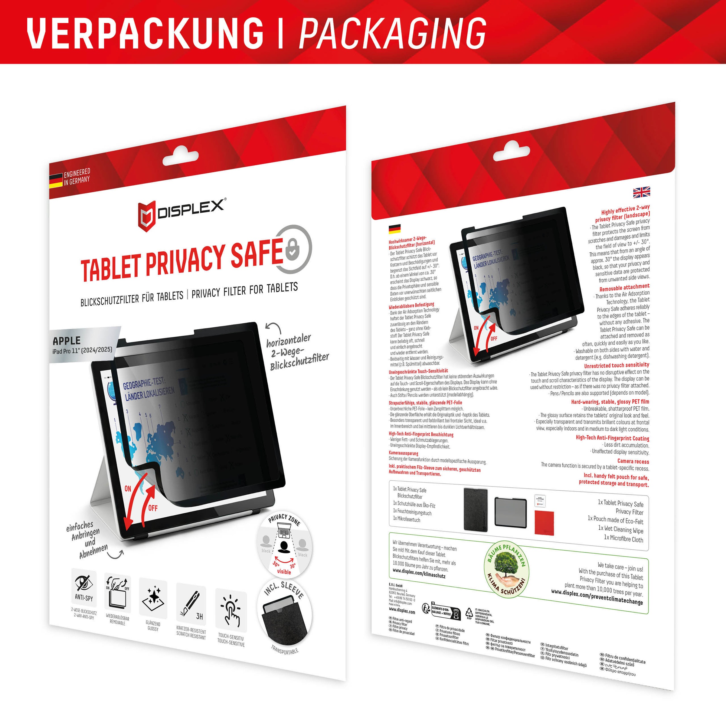Displex Film de protection d'écran »Tablet Privacy Safe« für Apple iPad Pro 11" (2024/2025) Blickschutzfolie, Schutzfolie, Bildschirmschutz, kratz- & stossfest
