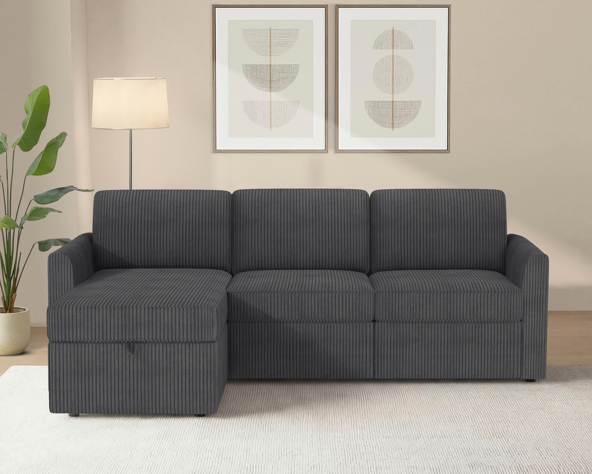 Dorel Home Canapé d'angle »NORDHUS, L-Form, 200 cm, Recamiere rechts/links montierbar« avec rangement, revêtement en velours côtelé doux