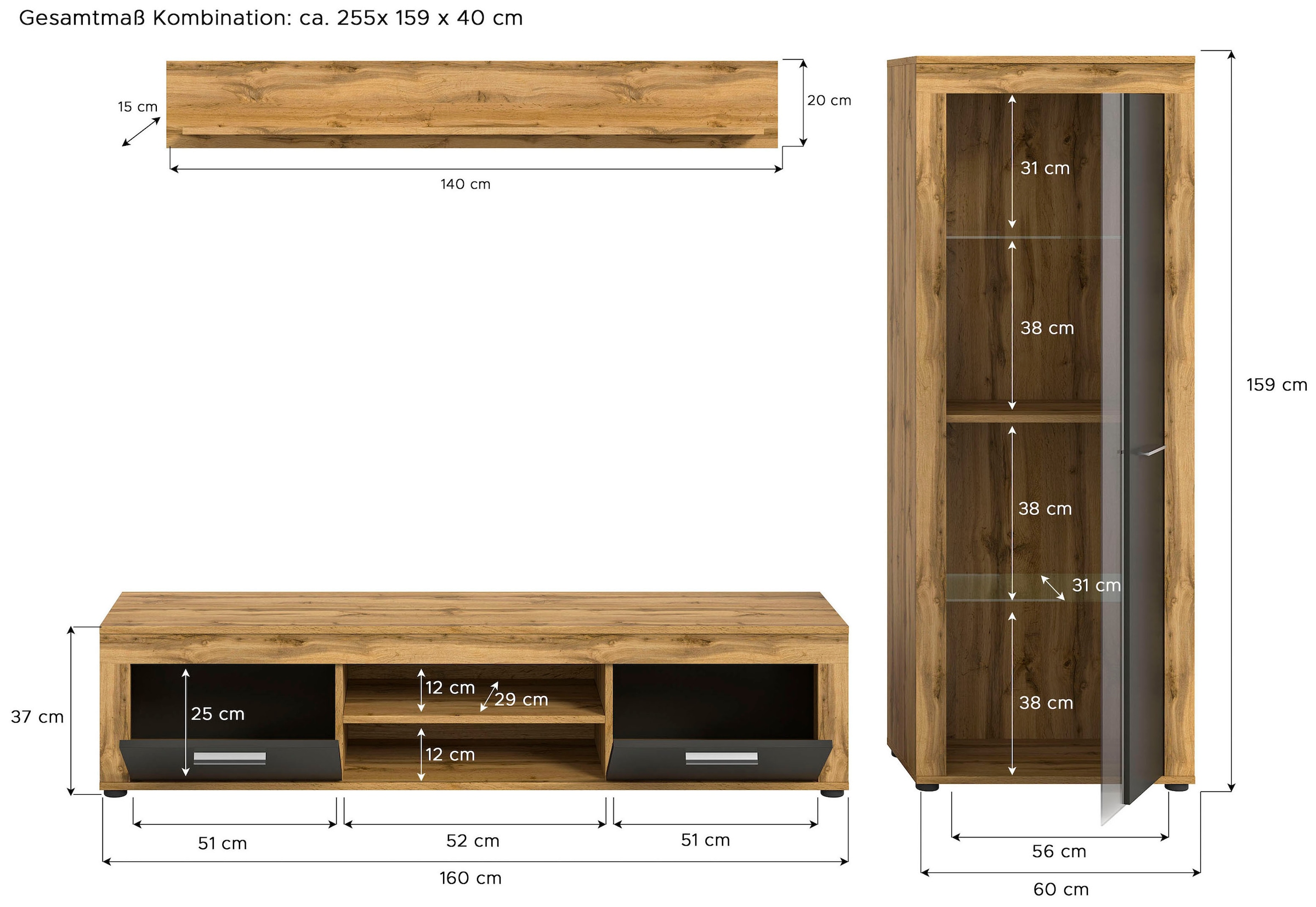 Home affaire Meuble mural »AOSTA, Breite 235cm, 3-teilige Wohn-Kombination« bestehend aus: Lowboard, Wandboard, Vitrine, 3 cuis tlg.