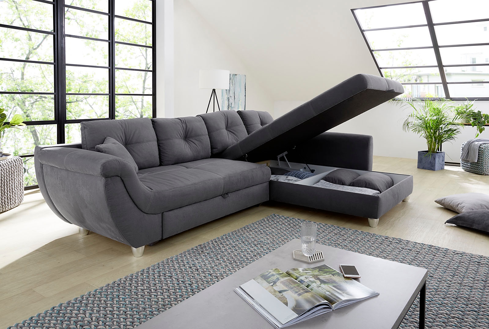 Jockenhöfer Gruppe Canapé d'angle »Maranello L-Form« mit grossem Stauraum, Gästebett- und Relaxfunktion, Nosagfederung