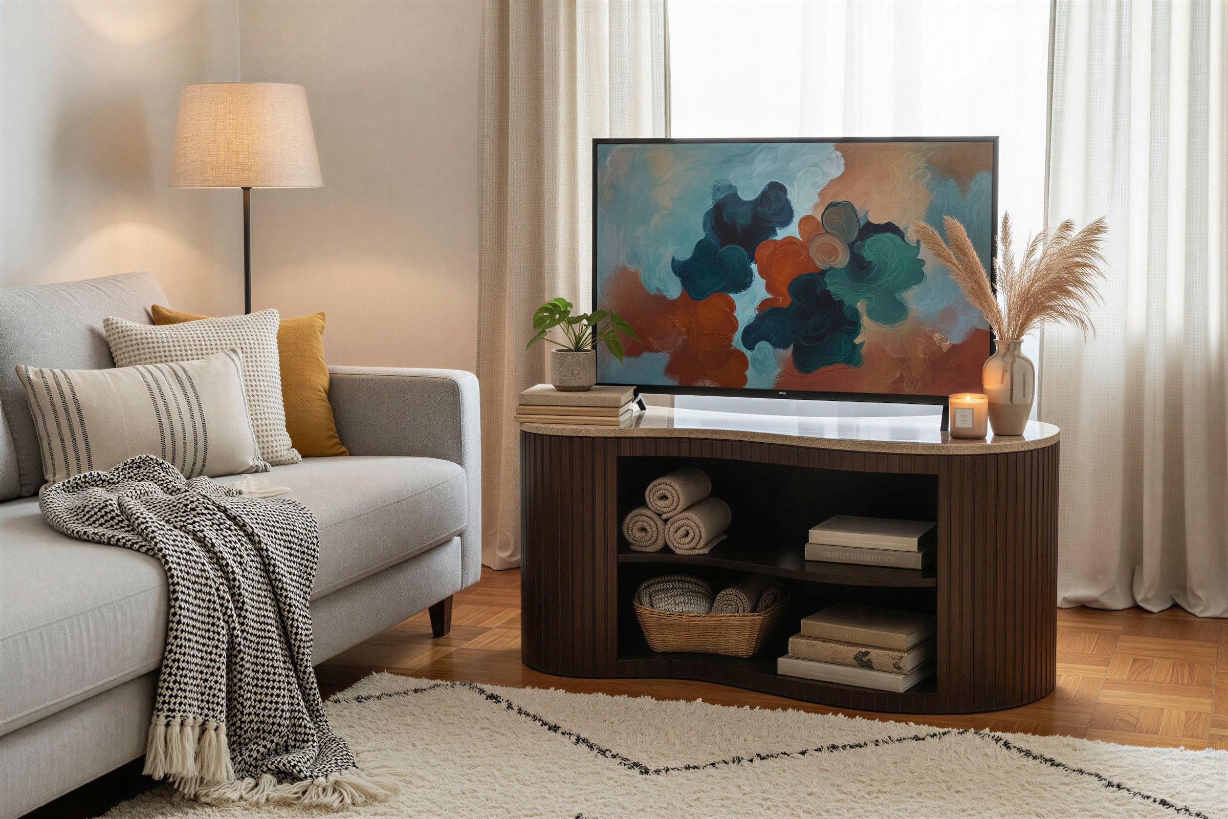 SIT Tableau TV »Dallas aus Mango massiv mit Lamellenfront & 2 offenen Fächern« 1 cuis tlg. 2 en 1 en tant que meuble TV ou table basse avec façade à lattes
