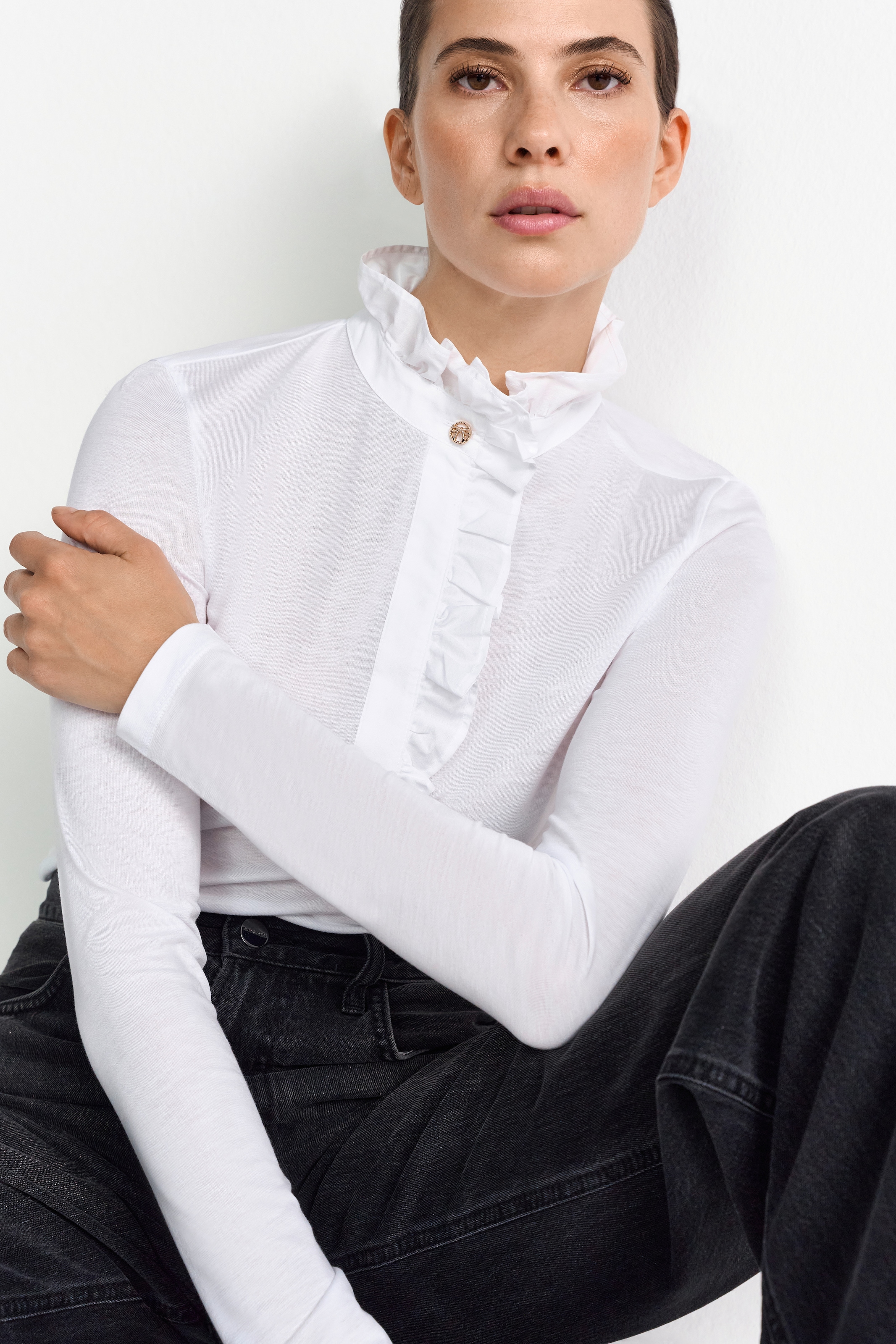 RICHROYAL T-shirt à manches longues mit Rüschenkragen, gerader Schnitt