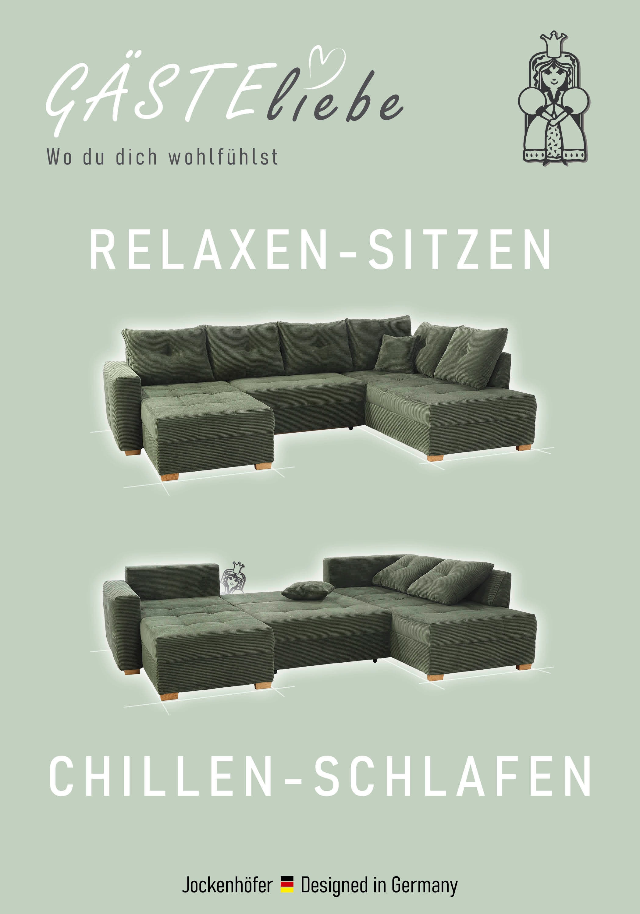 Jockenhöfer Gruppe Wohnlandschaft »Abby U-Form, B: 313 cm, inkl. Schlaffunktion« inkl Bettkasten,  grosse Liegefläche 273x147cm, Massivholz Füsse