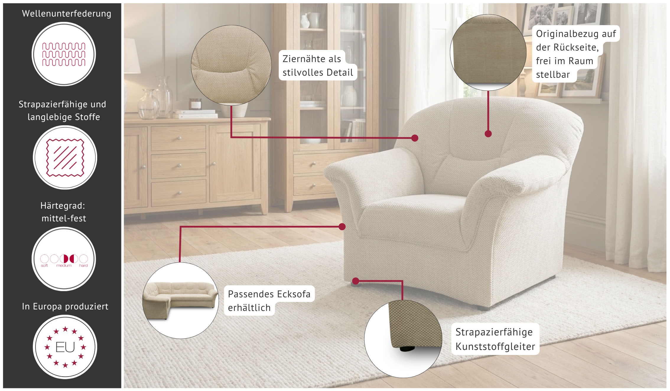 GOODproduct Sessel »Langelland Sitzbreite 48 cm, mittelfester Sitzkomfort« aus pflegeleichtem, weichem Luxus-Microfaser