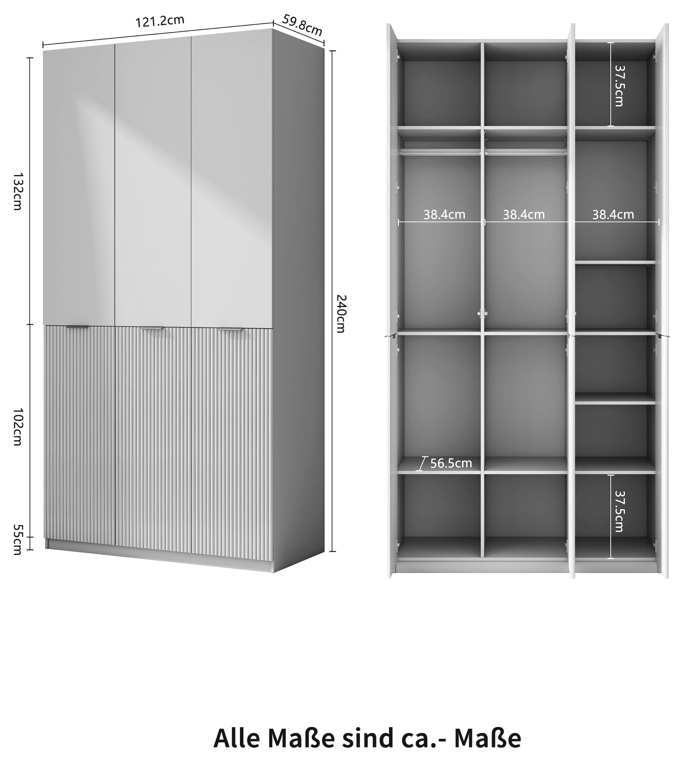 GOODproduct Kleiderschrank »Jorella Schlafzimmerschrank Garderobe mit Softclose« eleganter Schlafzimmerschrank Rillendesign Trend Breite 121cm