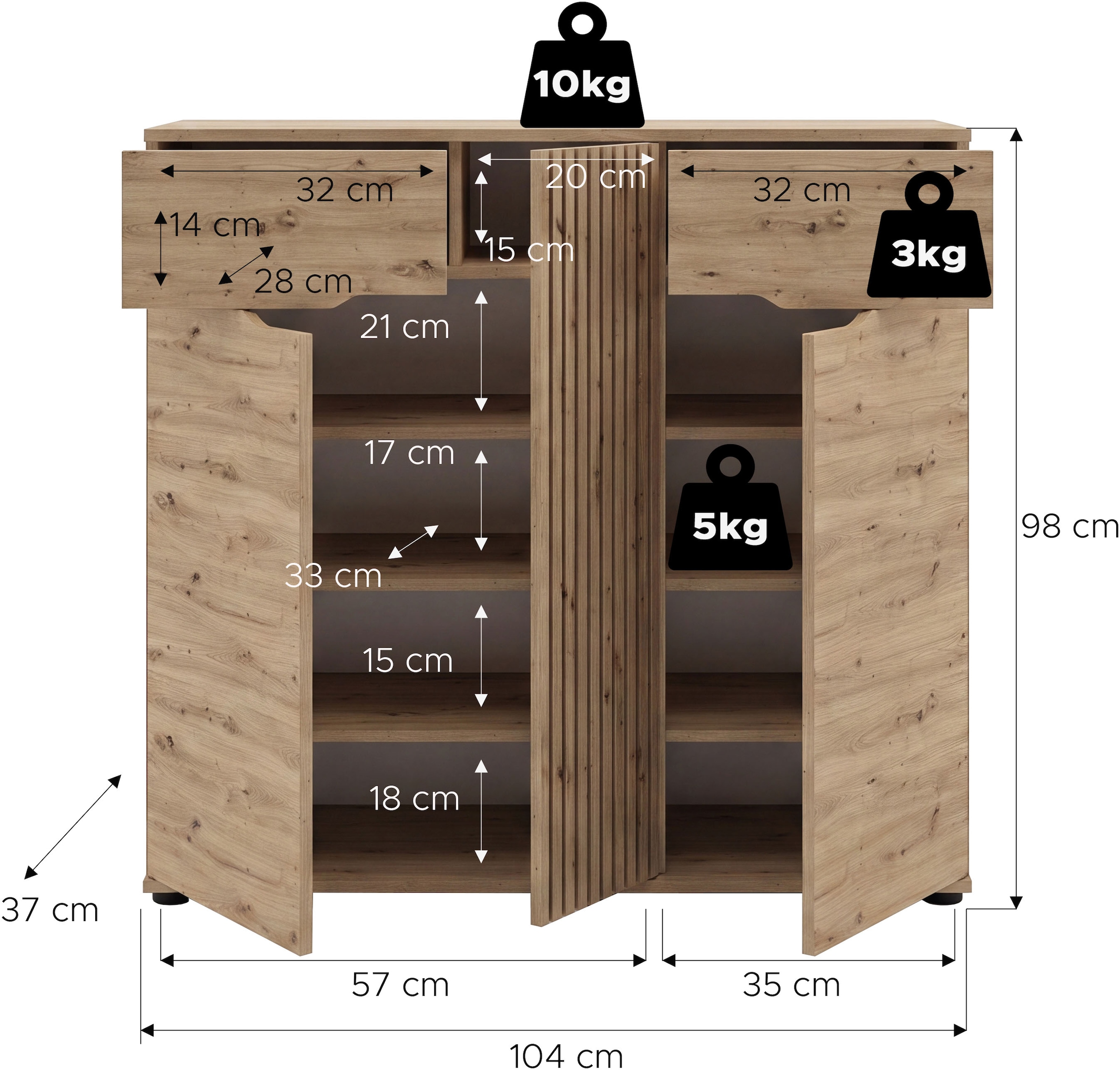 GOODproduct Commode à chaussures »FJELL, Breite 104cm, 3 Türen, 2 Schubkästen, 6 Einlegeböden, 9 Fächer« Armoire de rangement, armoire à chaussures, commode, buffet, vaisselier