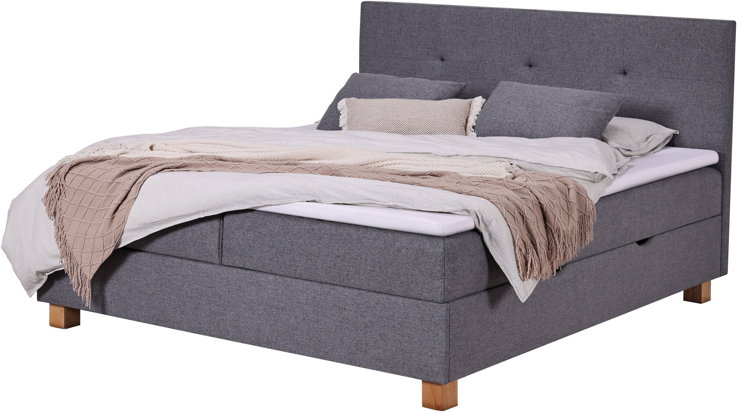 Home affaire Lit de boxe »Oyré inkl. Bettkasten, Topper und 2 gratis Kissen, 180x200 cm« mit Holzfüsse in eichefarben