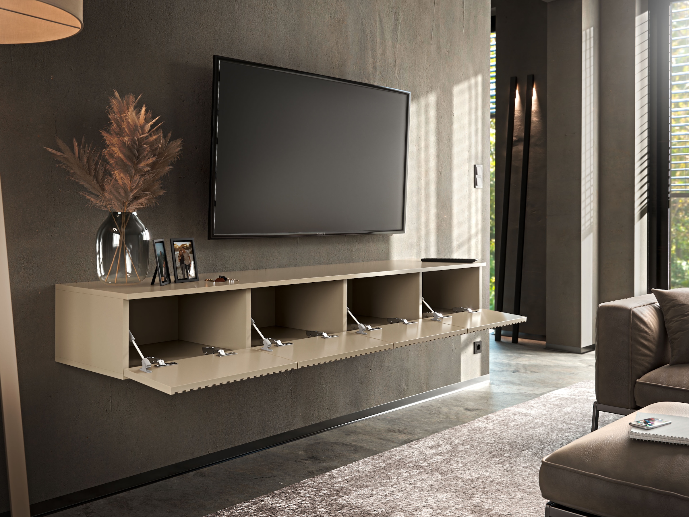 HBZ Table basse »Lowboard Lanai, hängend, mit moderner Rillenoptik« 1 cuis tlg. Largeur 180cm, revêtement mélaminé, ouverture par pression