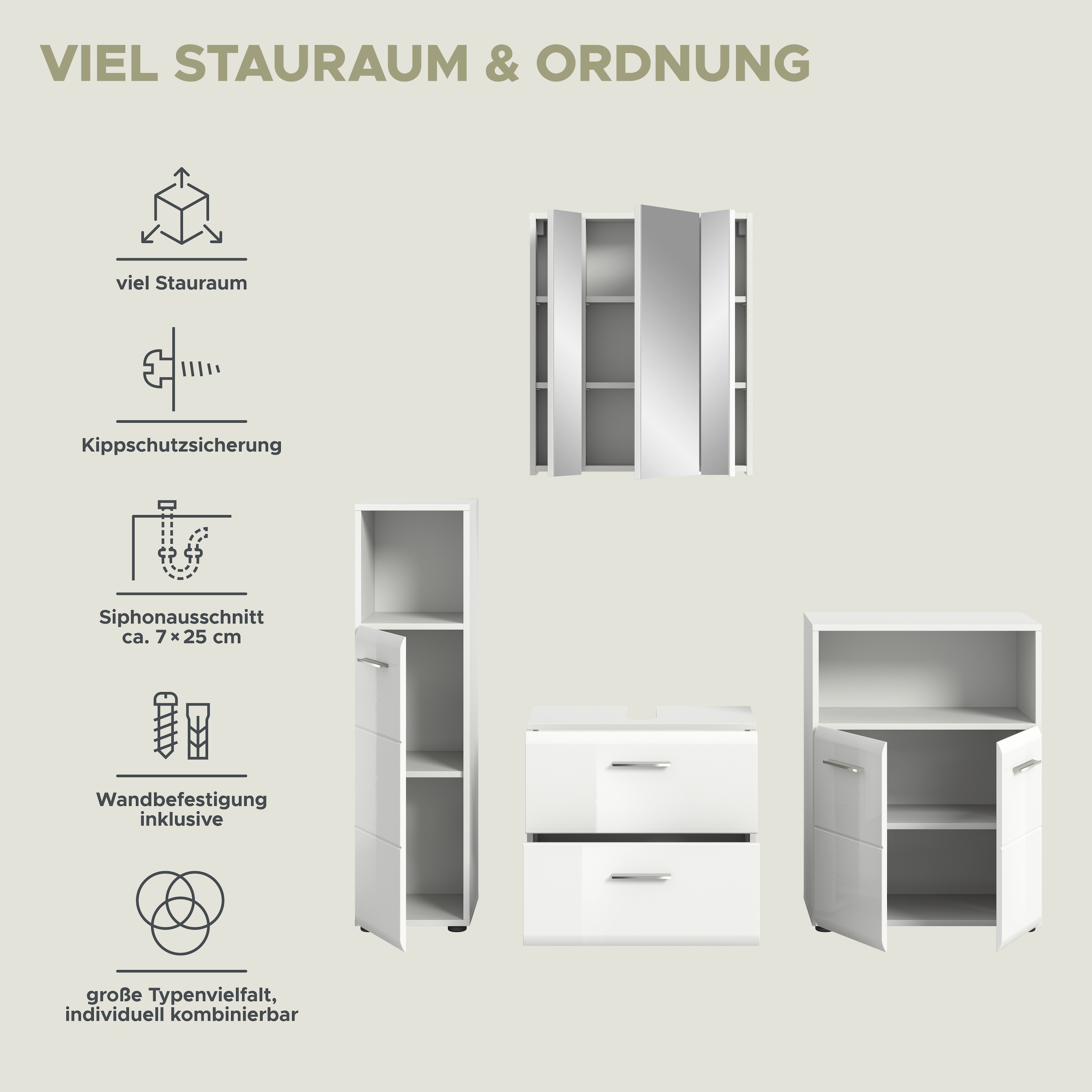 welltime Badmöbel-Set »FLORENZ, TOPSELLER!, 4-teilige Badkombination, hochwertige MDF-Front« Set, Midischrank hoch, WBU, Spiegelschrank, Midischrank breit, 