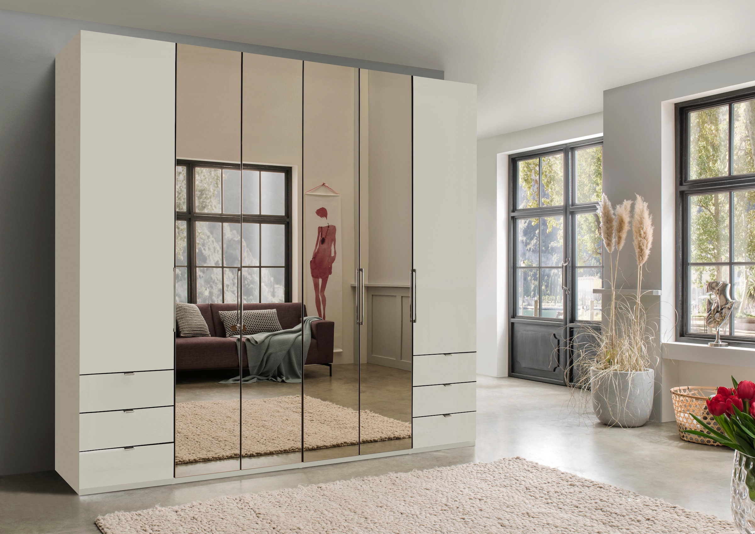 WIEMANN Armoire à portes pliantes »Kansas, Kleiderschrank, Schrank, Wäscheschrank, mit Glas und Spiegel« 2 Breiten, MADE IN GERMANY,  inkl. gepämpften Schubkästen und Türen, mit Panoramaöffnung