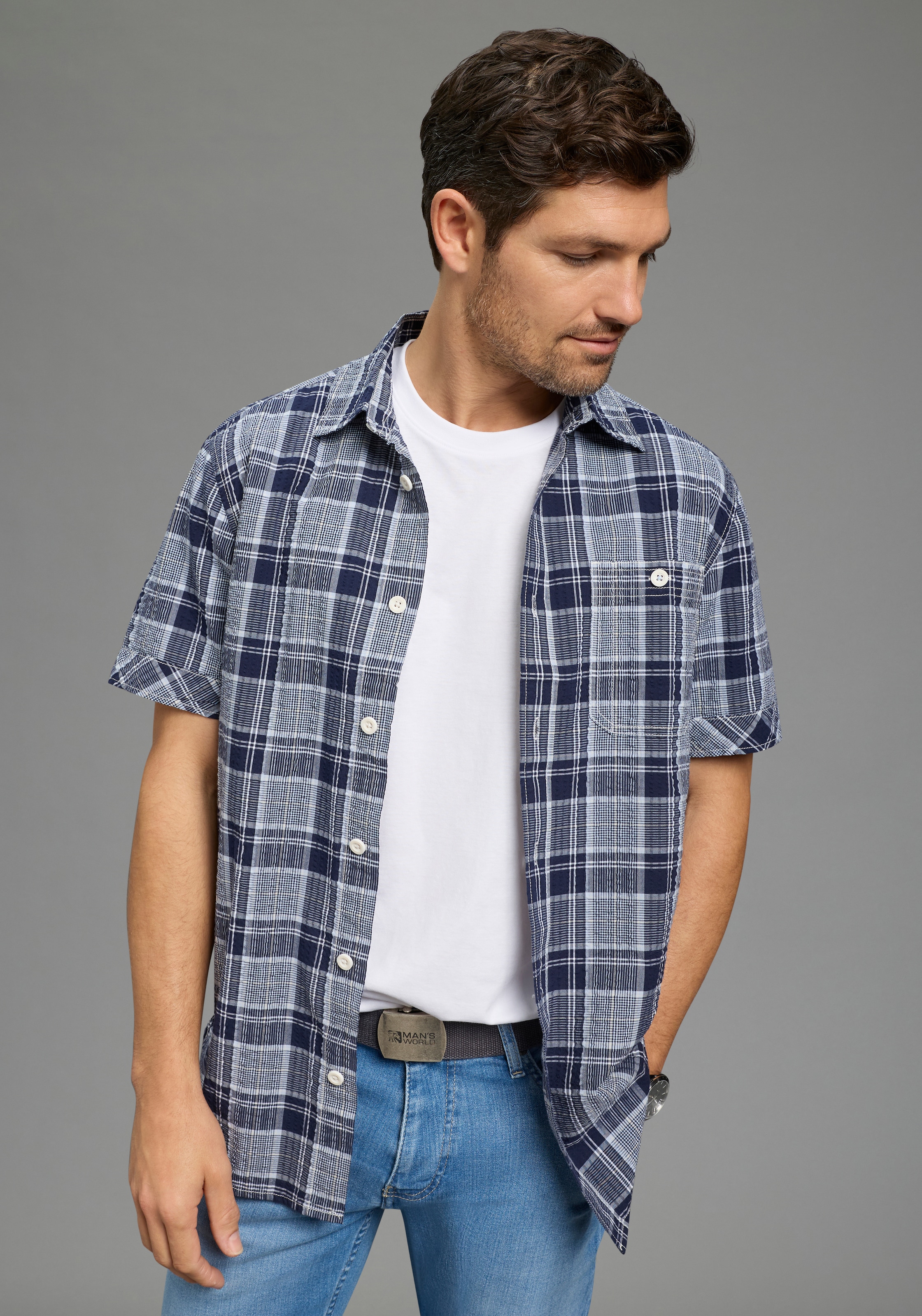 Man's World Chemise à carreaux »in Crinkleoptik« Kurzarm, für Frühling und Sommer, aus Baumwolle, bequeme Passform