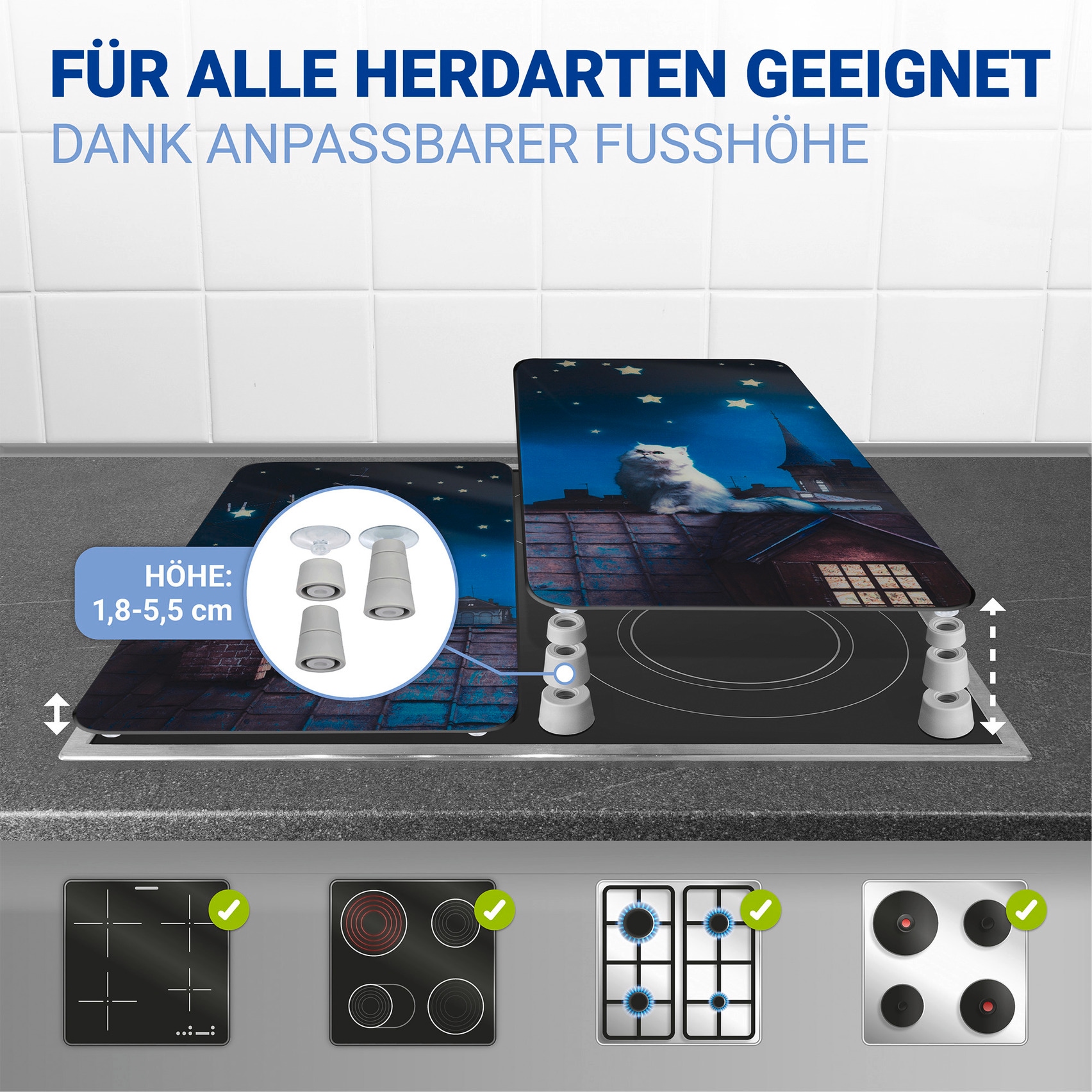 WENKO Plaque de recouvrement de la cuisinière »Universal Modell Moon Cat« Herdabdeckung für alle Herdarten, kratzfest, mit rutschfesten Füssen