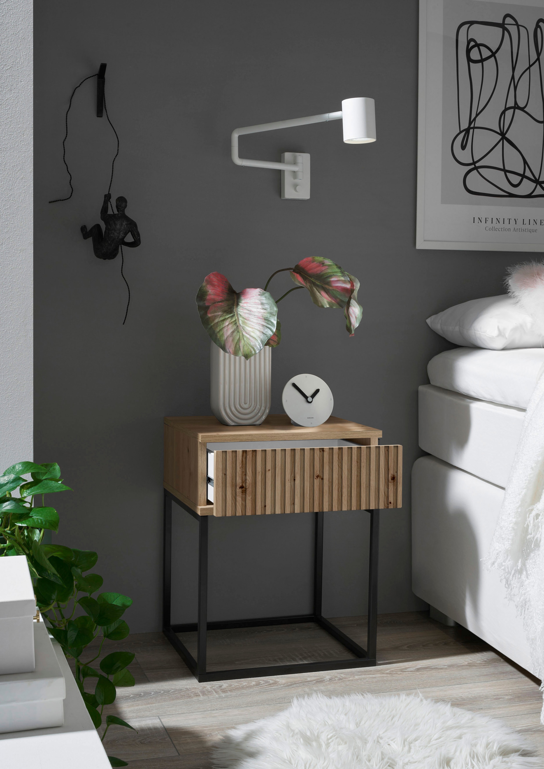 Schlafkontor Table de nuit »Marle Nachtkonsole, Nachtkästchen auf Metall-Fussgestell« Schubkasten in Rillenoptik auf schwarzem Metallgestell