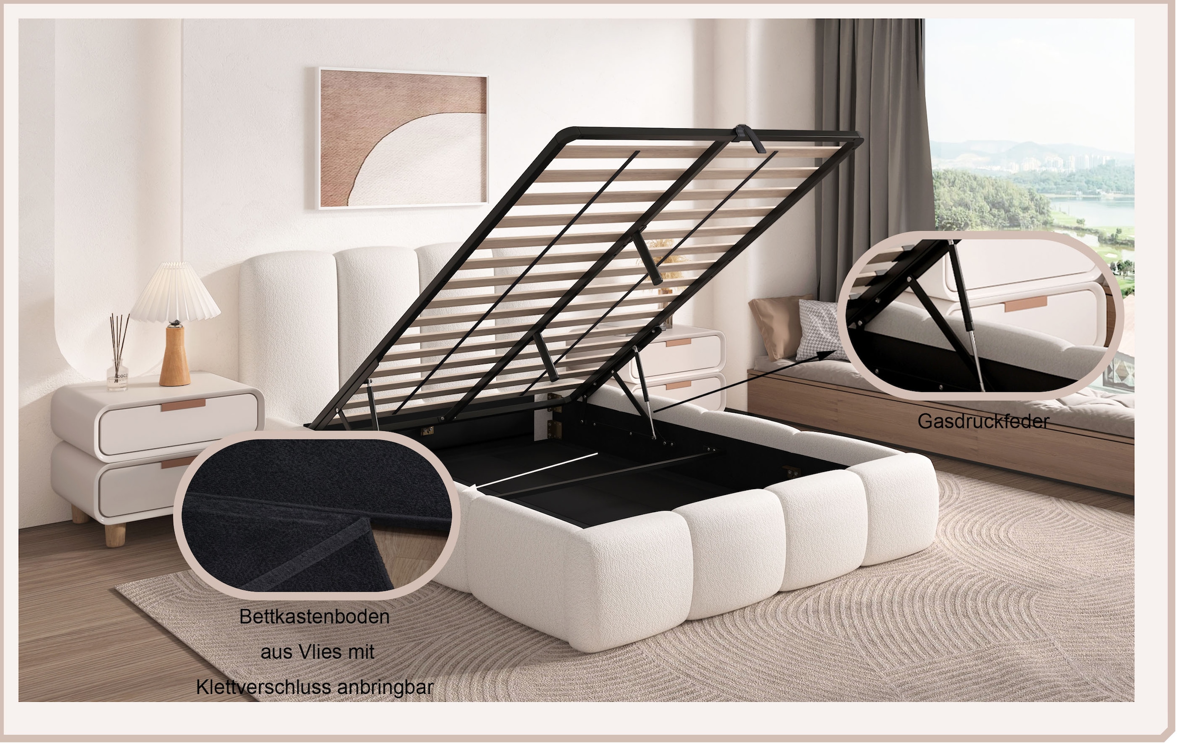GOODproduct Lit rembourré »MERLINDA, Stauraumbett mit Lattenrost und Bettkasten, Chenille-Bezug« tête de lit et cadre fortement rembourrés, surface de couchage 140x200 / 180x200 cm