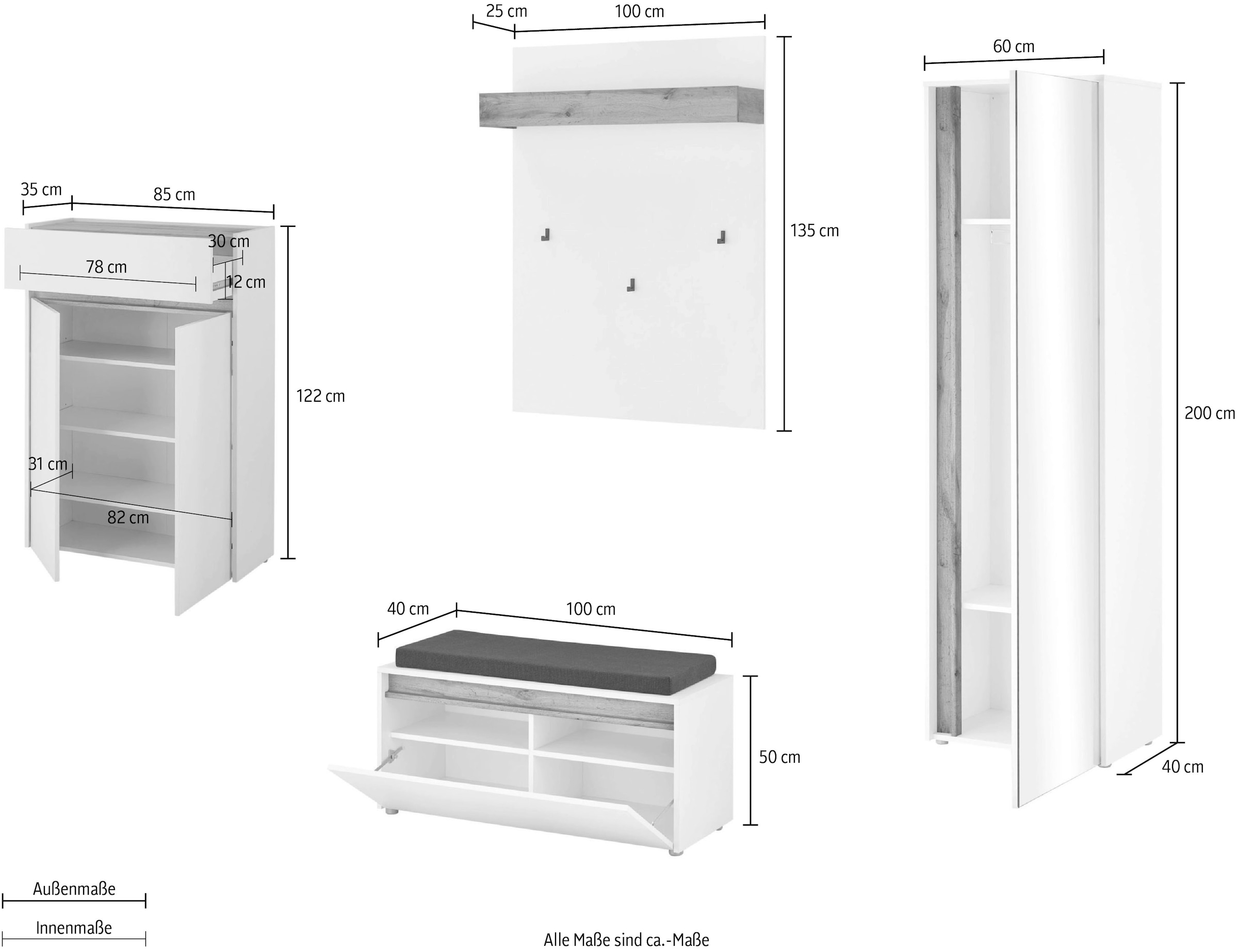 Home affaire Garderoben-Set »City/Giron, moderne Garderobe, viel Stauraum, ca. 24 Schuhe« Set, 4 Stk. tlg.